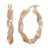 Italian 14k Tri-Color Gold Hollow Satin Twisted Hoop Earrings 22.8mm x 3mm 1.8g