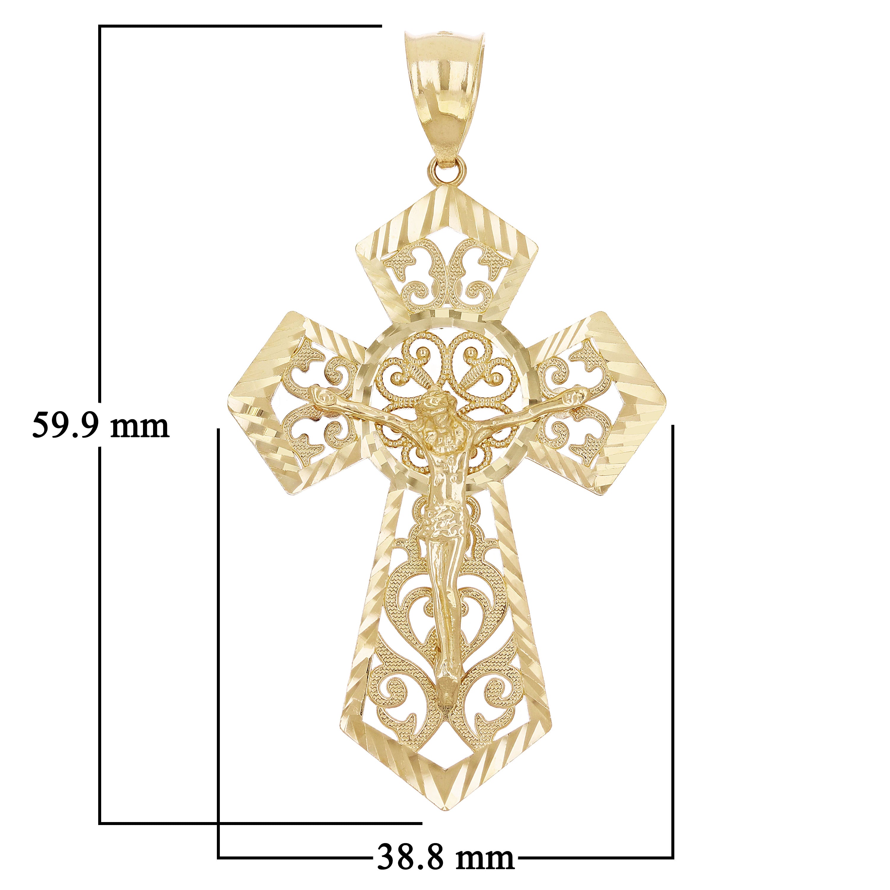 14k Yellow Gold Diamond-Cut Ornate Gothic Crucifix Cross Pendant 2.4" 6.6 grams