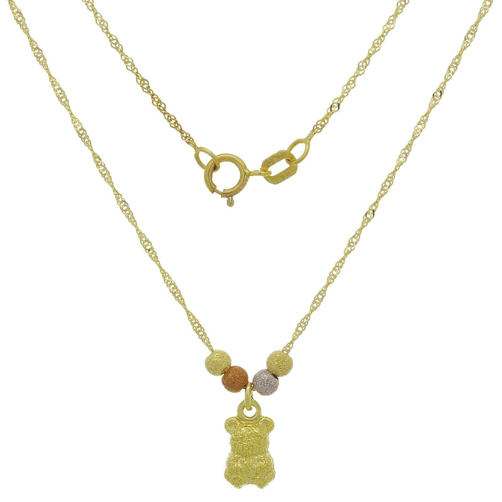 14k Tri Color Gold Ball Beads Teddy Bear Charms Singapore Chain Necklace 17"