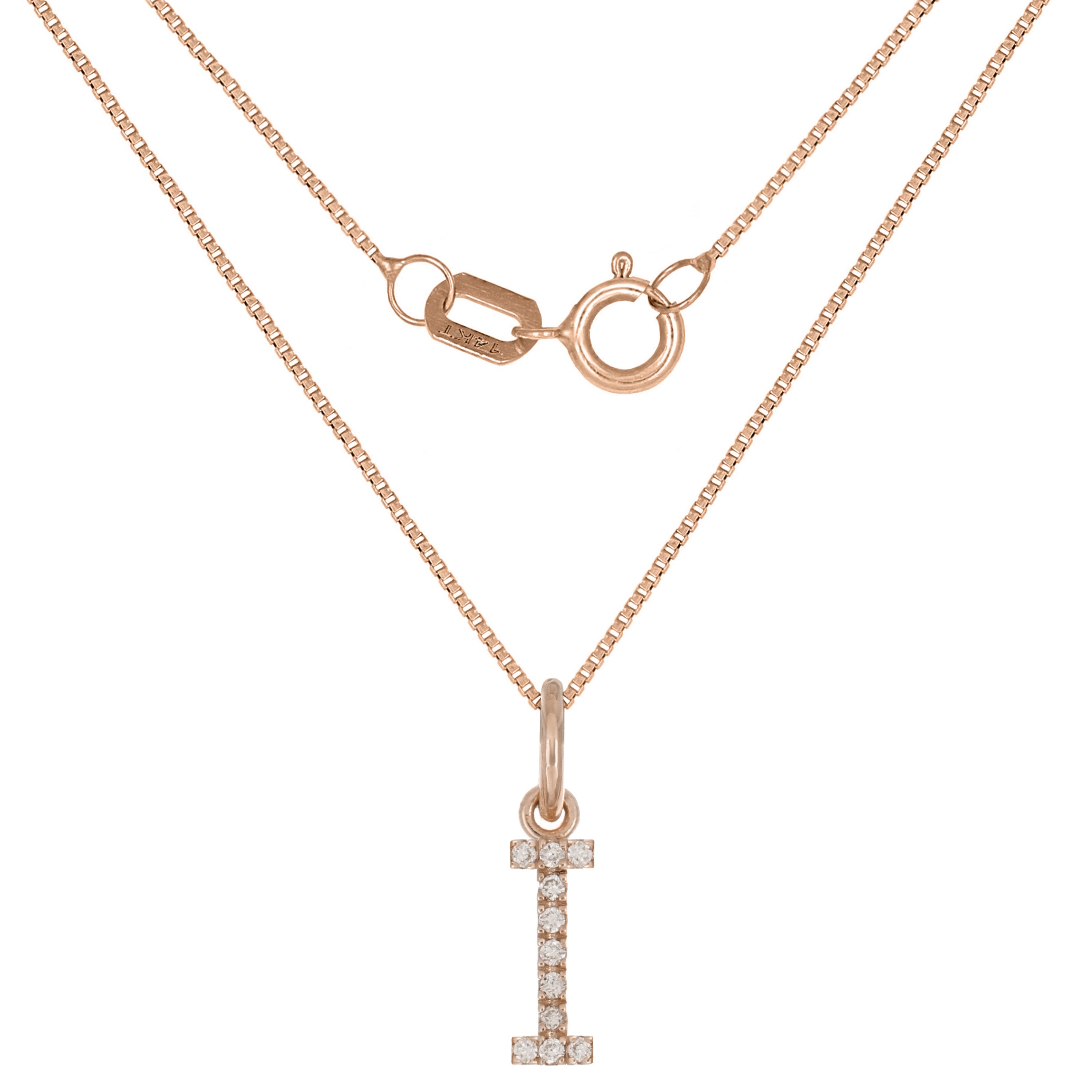 14k Rose Gold Diamond Initial Letter I Charm Pendant Necklace 18" - Letter I,Rose
