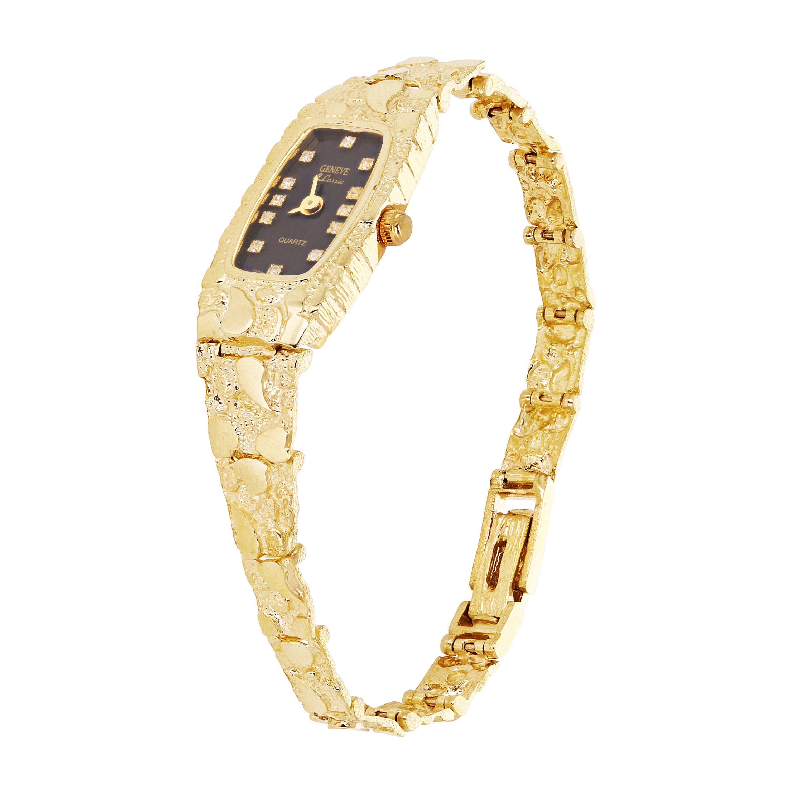 Women's 14k Yellow Gold Nugget Band Bracelet Geneve Watch with Diamonds 6.5-7" - Black Faceplate 22.4 grams