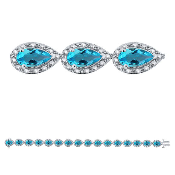 14k White Gold 2.05ctw Blue Topaz & Diamond Pear Tear Drop Cluster Halo Bracelet