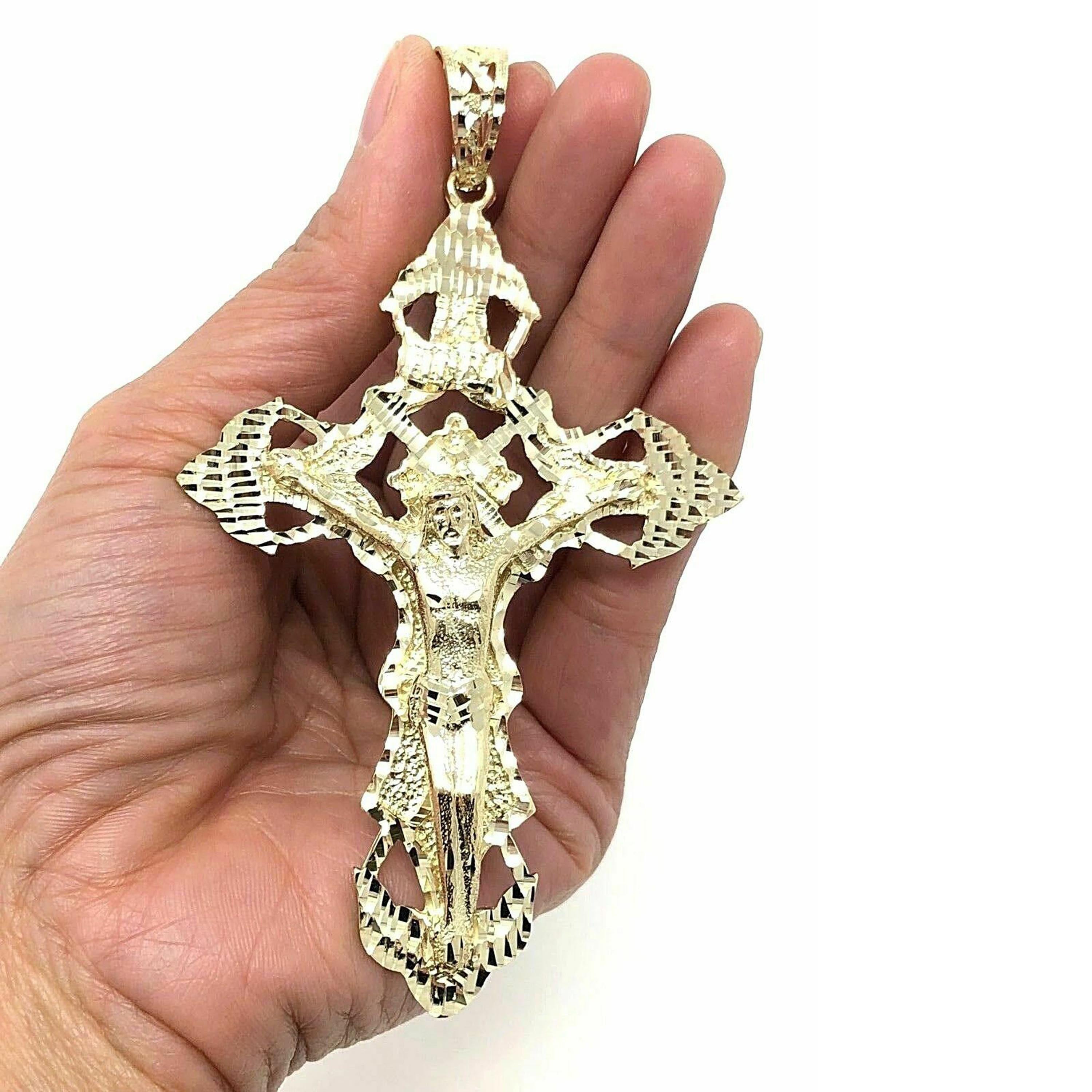10k Yellow Gold Religious INRI Jesus Christ 3D Big Cross Pendant 3.36" 14.6grams