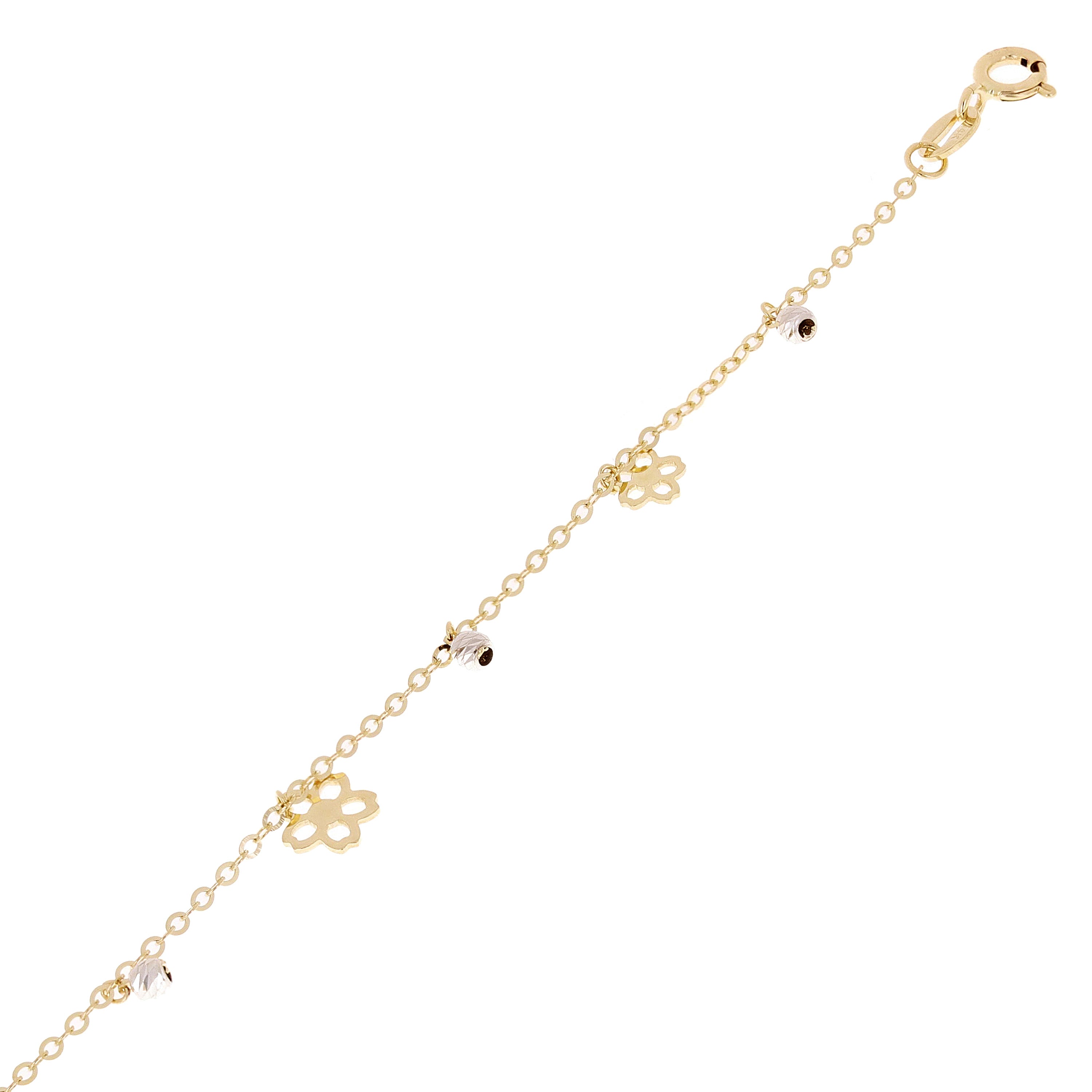 Italian 14k Two Tone Gold Flower & Ball Beads Charm Anklet/Bracelet 10" 1.9grams - Yellow and White
