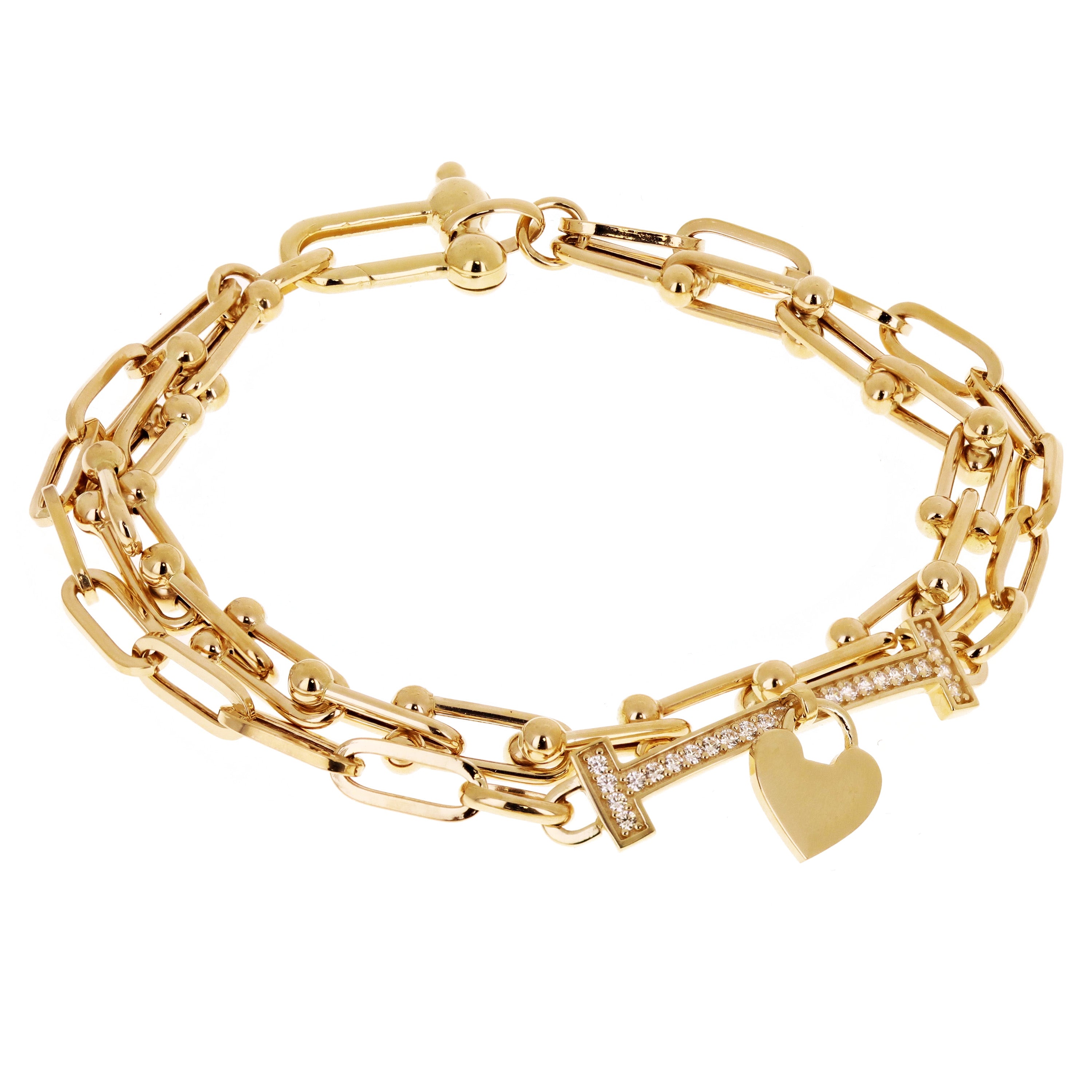 Italian 14k Yellow Gold Double U Shape Hardwear Link Heart Charm Bracelet 7.75" - 7.8" 12.2 grams