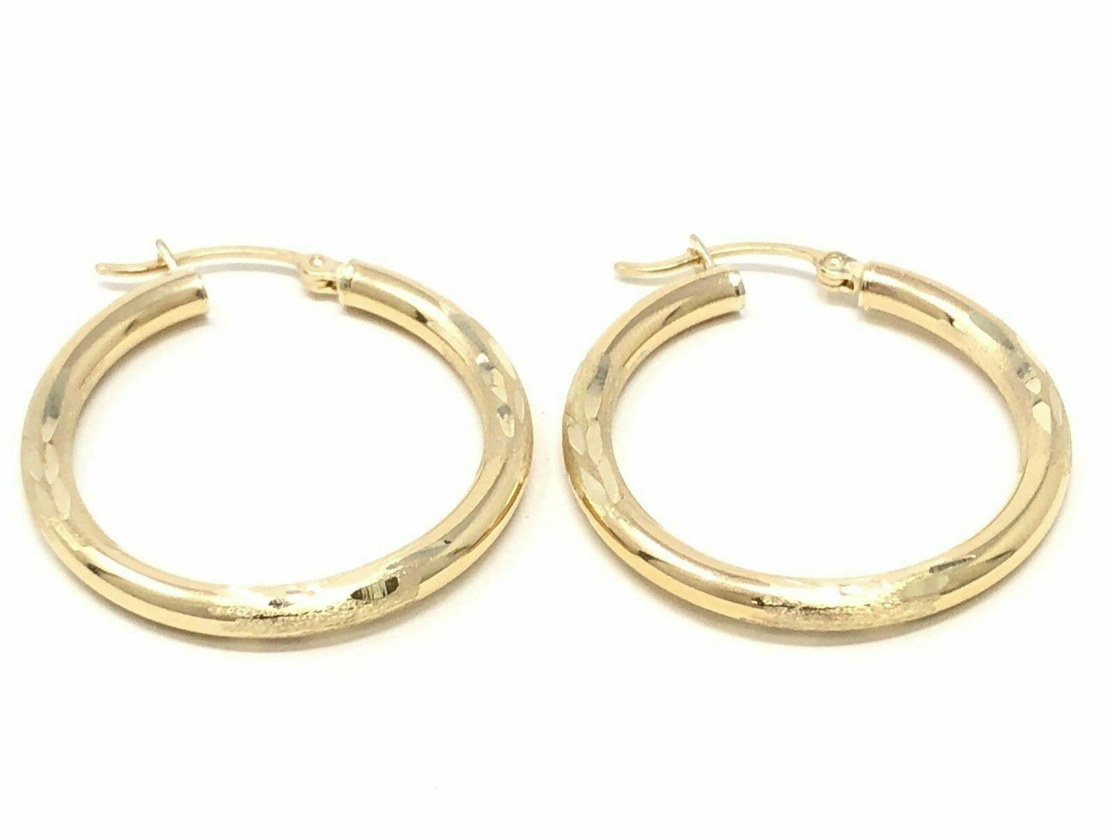 14k Yellow Gold Hollow Diamond Cut Round Hoop Loop Earrings 1.2" 3.1mm 2.4 grams