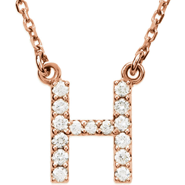 14k Rose Gold Diamond Initial Letter H Alphabet Rolo Pendant Necklace 18" - Letter H,Rose