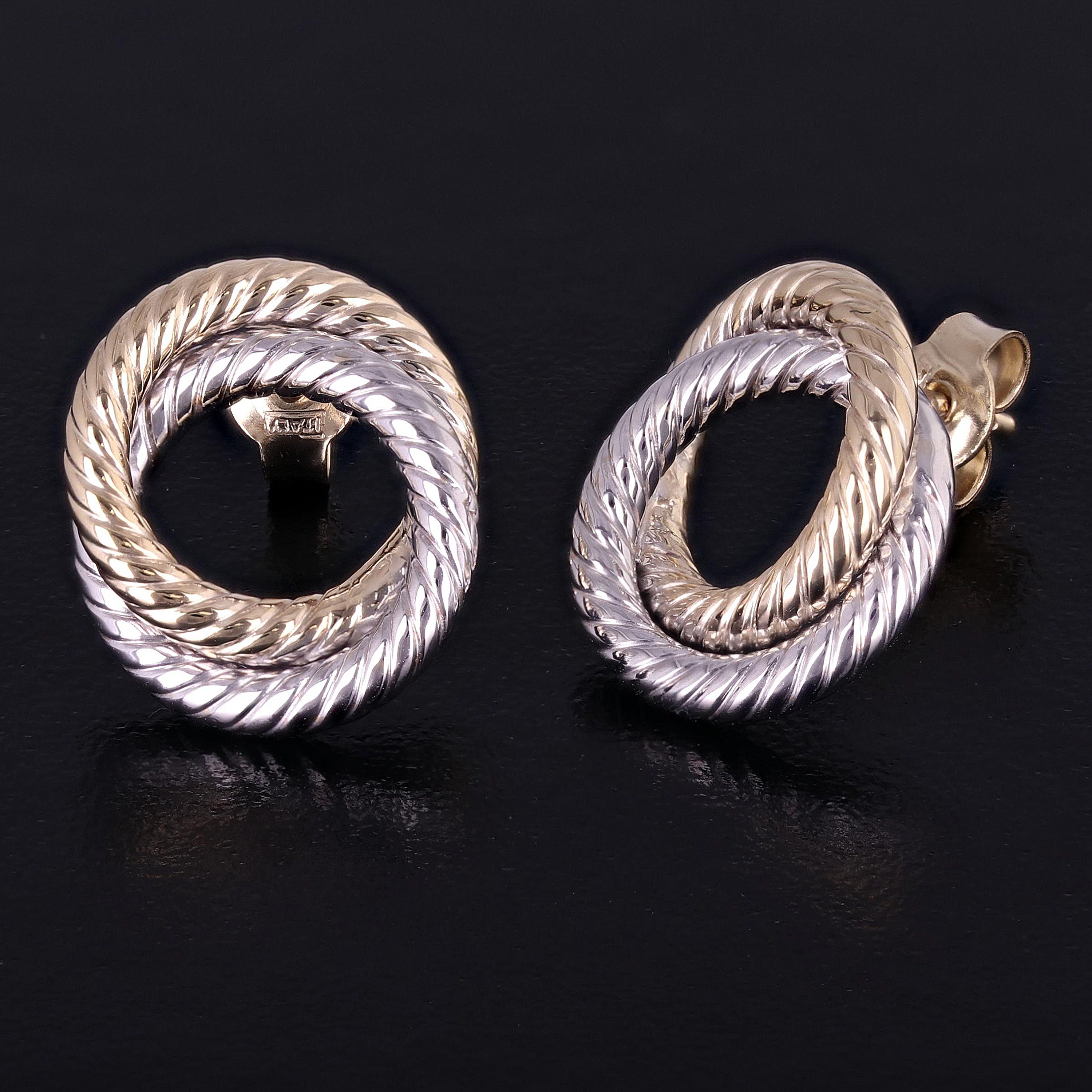 Italian 14k Yellow & White Gold Small Rope Double Eternity Circle Stud Earrings - Two-Tone Double Circle