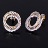 Italian 14k Yellow & White Gold Small Rope Double Eternity Circle Stud Earrings - Two-Tone Double Circle