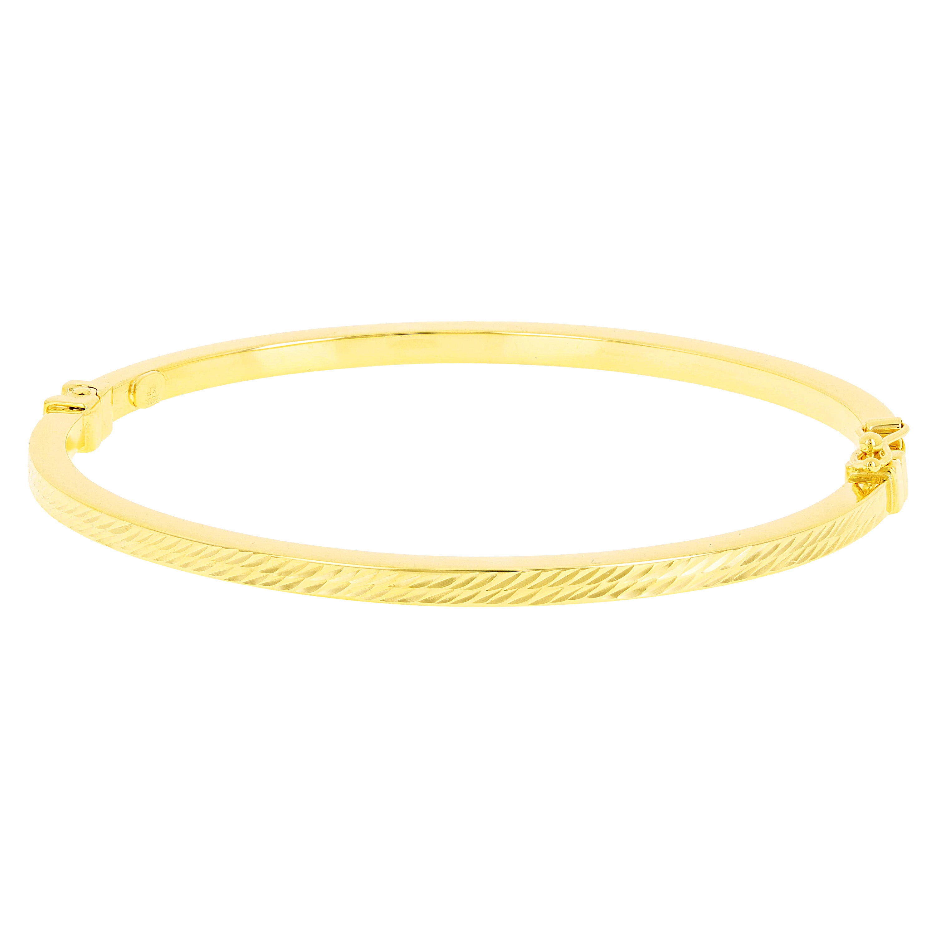 Italian 14k Yellow Gold Hollow Diamond Cut Bangle Bracelet 7" 3mm 4.6 grams