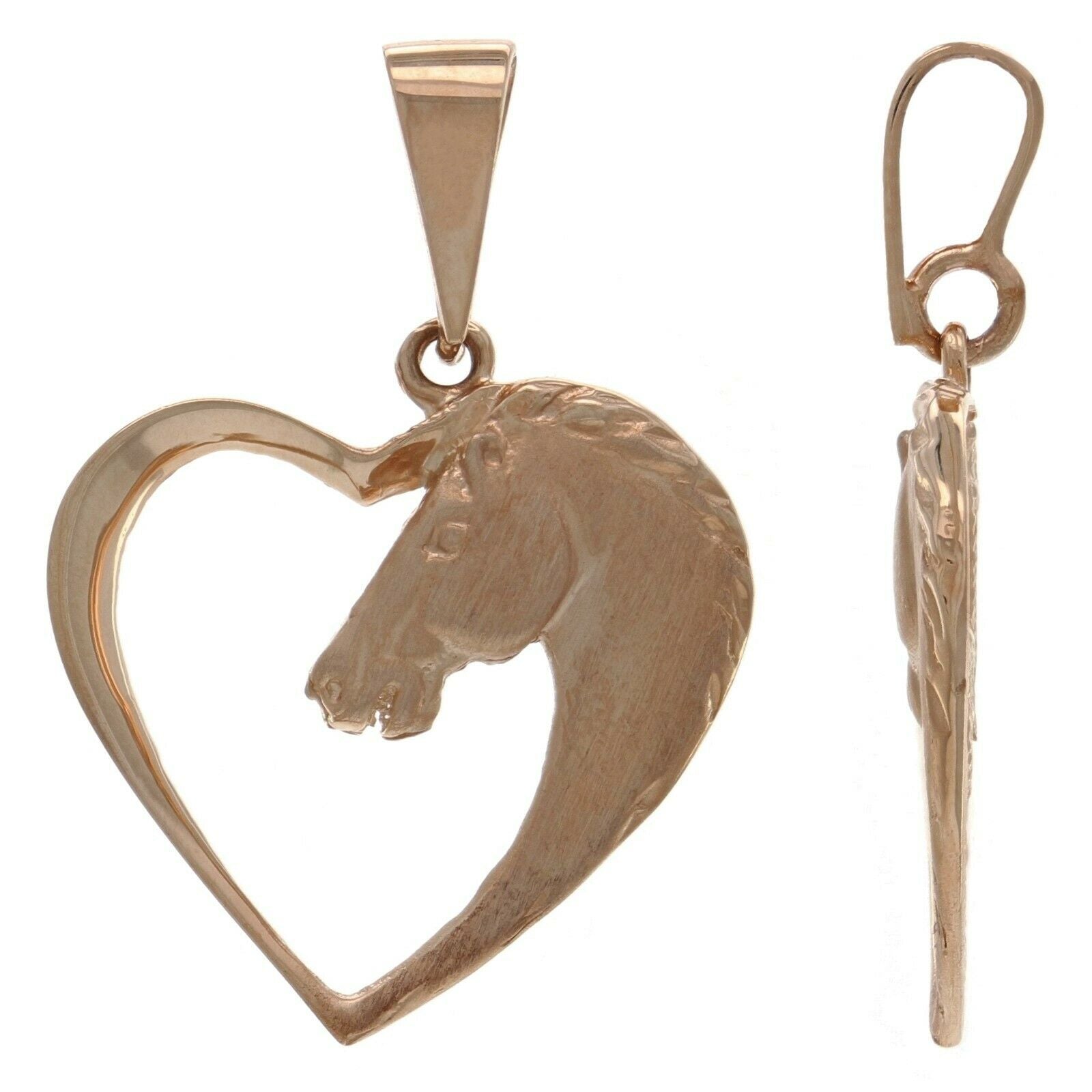 14k Rose Gold Horse Face Open Heart Horse Head Charm Pendant 1.3" 2.7 grams