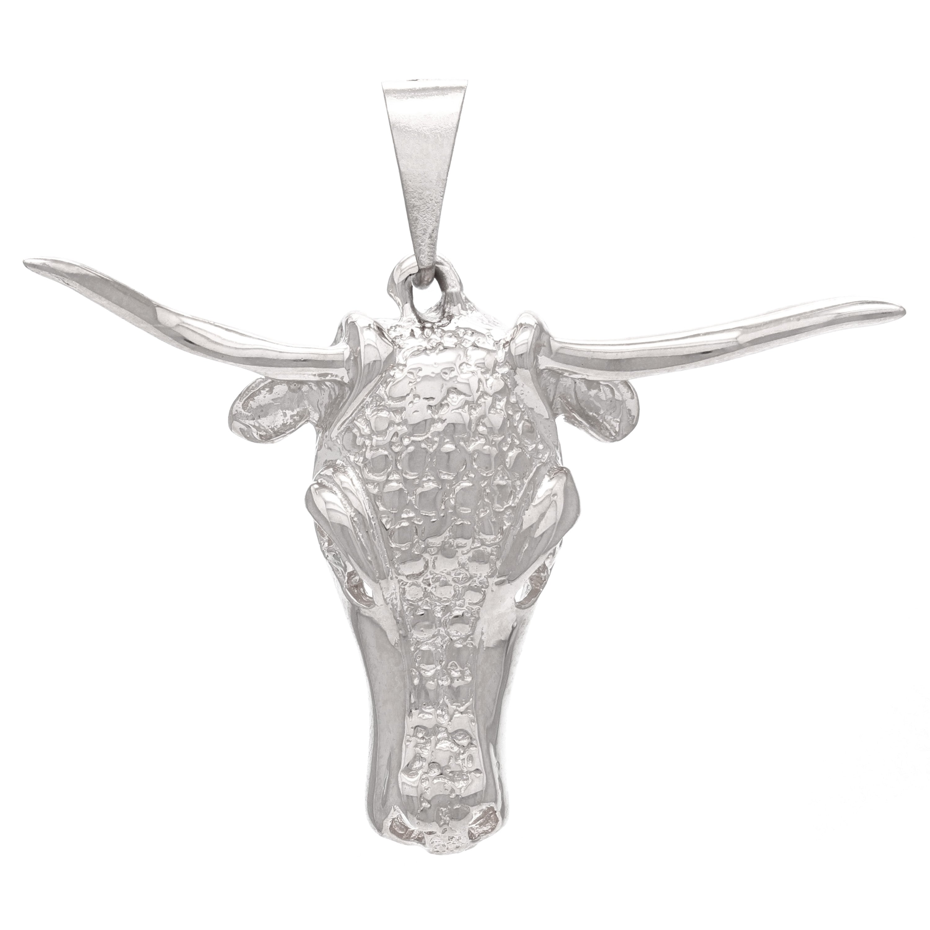 14k White Gold Detailed Cow Head Texas Long Horn Bull Head Pendant 6.6grams - White