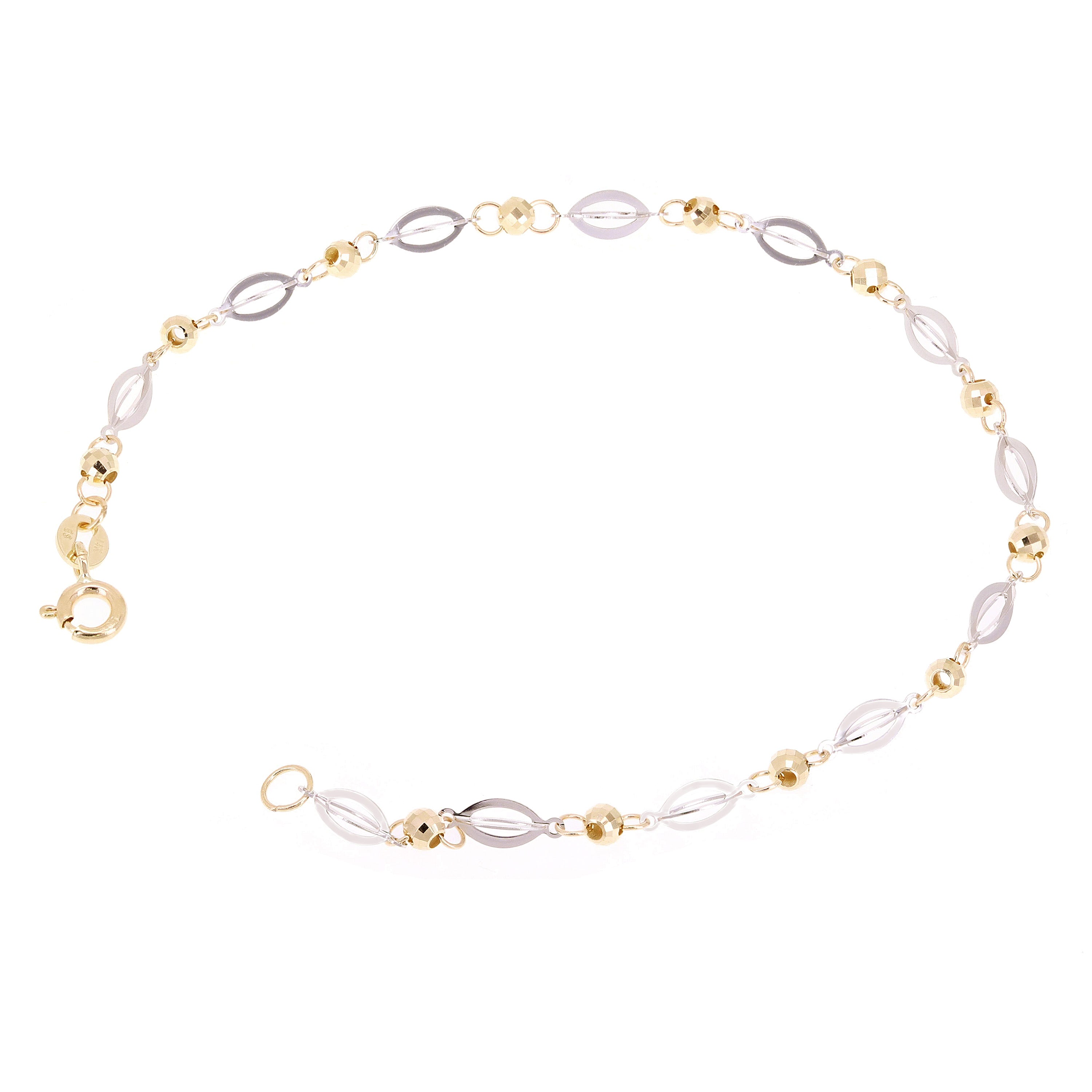 Italian 14k Two Tone Gold Oval & Ball Beads Link Bracelet 7.5" 3.5mm 2 grams