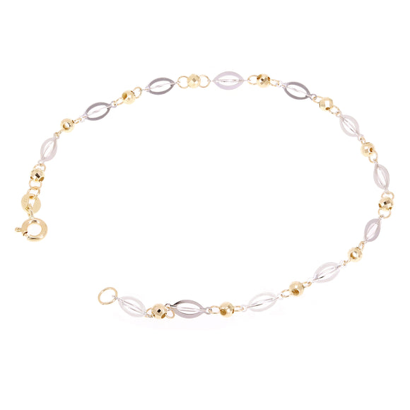 Italian 14k Two Tone Gold Oval & Ball Beads Link Bracelet 7.5