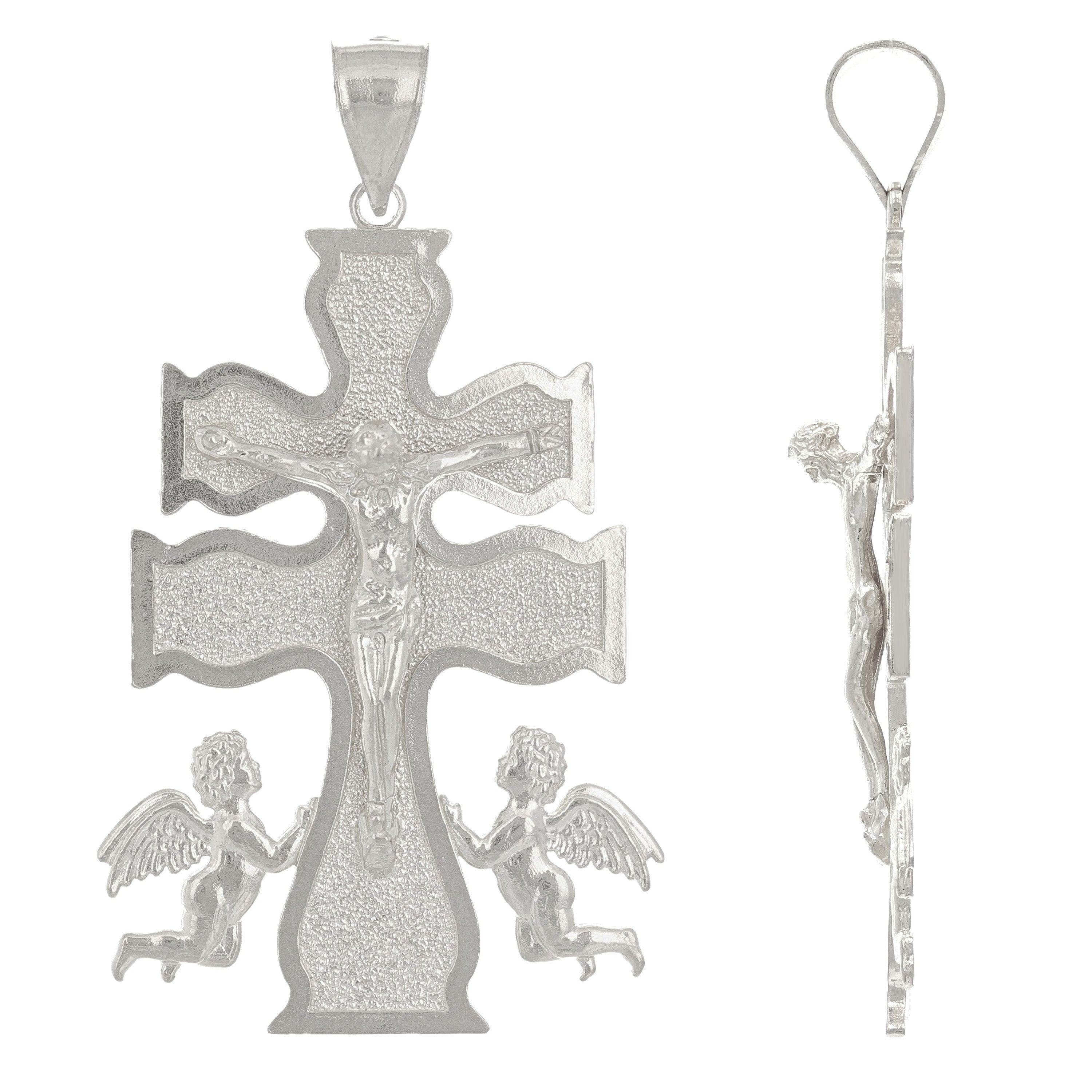 14k White Gold Caravaca Cross Jesus Christ Angels Cross Pendant 2" 8.2 grams - White