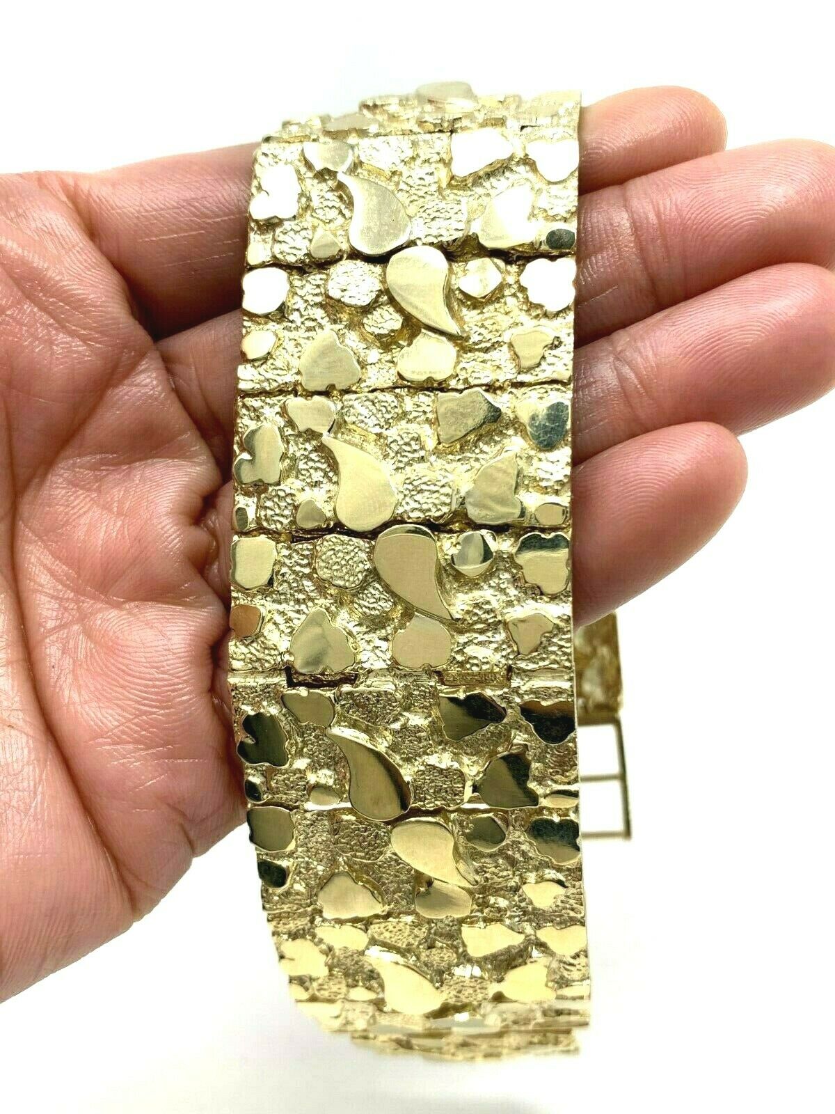 Men's 14k Yellow Gold Solid Nugget Bracelet Link 7-7.5" 31mm 91 grams