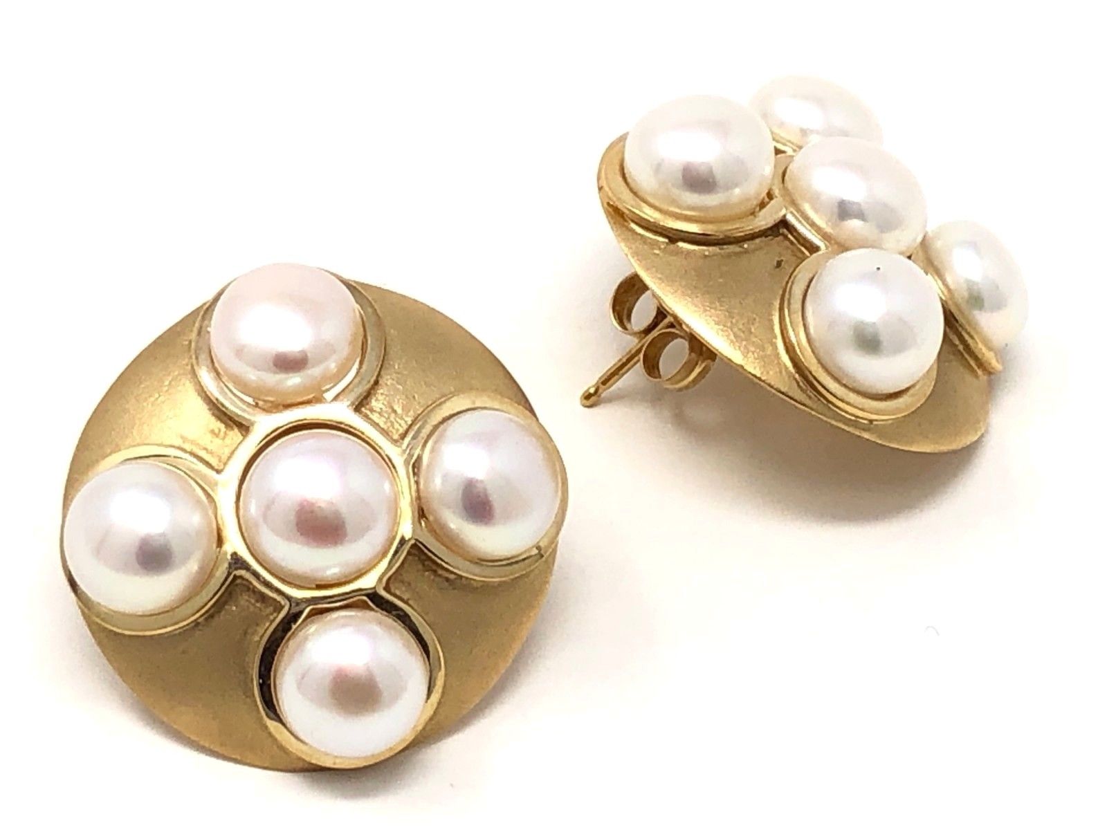 14k Yellow Gold Vintage Big Round Fresh Water Pearl Stud Earrings 11.7g