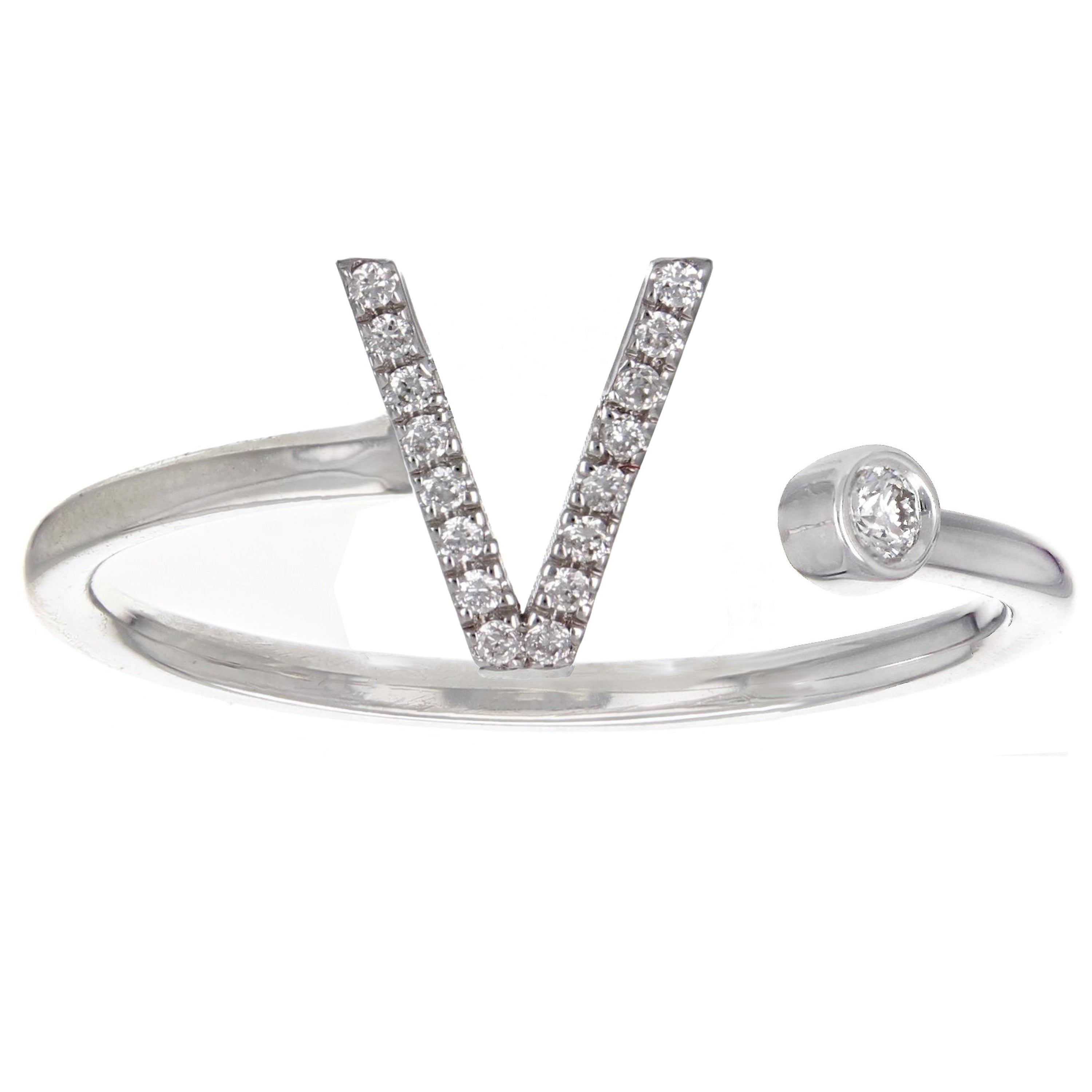 14k White Gold Diamond Initial Letter V Ring Size 6 - Letter V,White