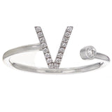 14k White Gold Diamond Initial Letter V Ring Size 6 - Letter V,White