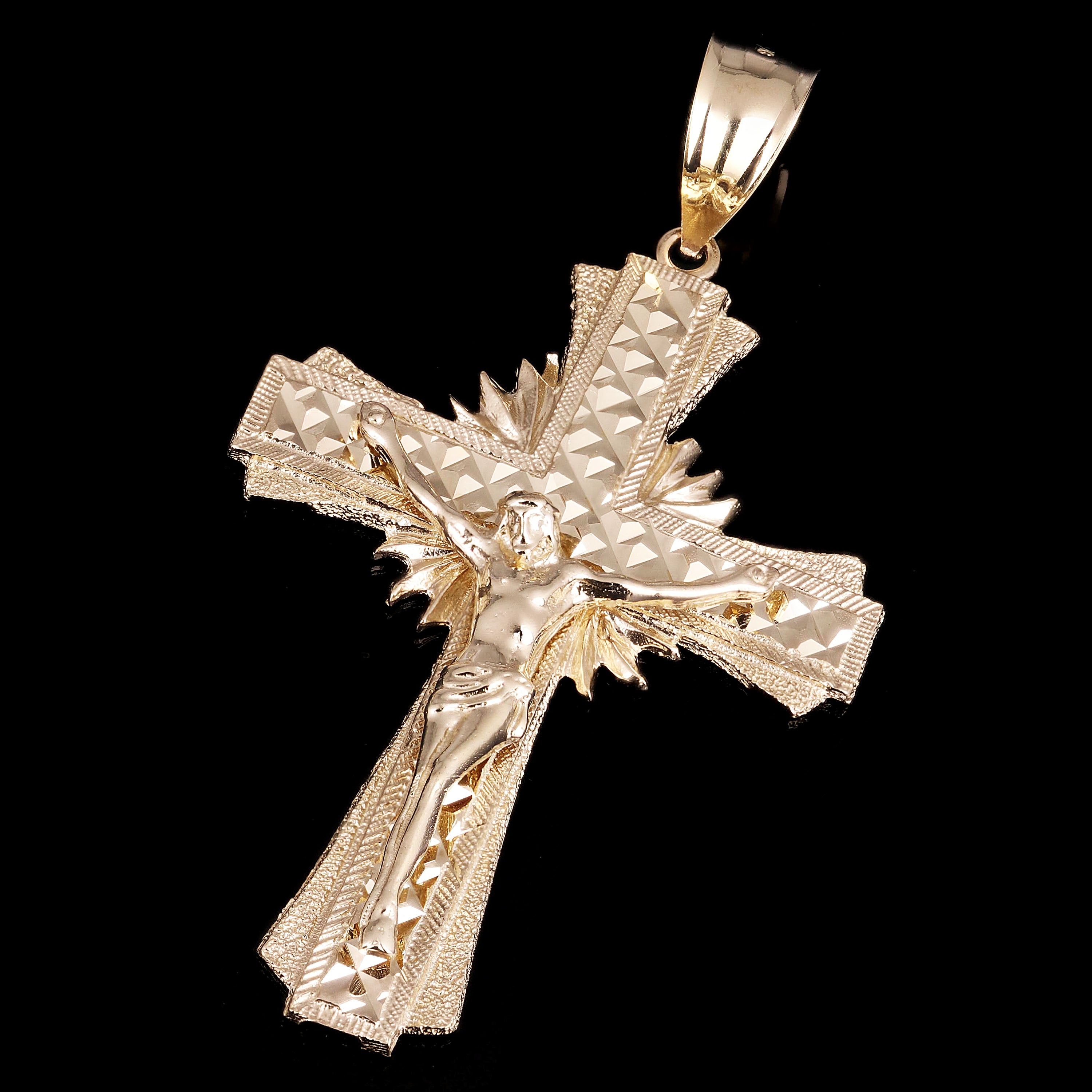 14k Yellow Gold Diamond Cut Jesus Cross Crucifix Catholic Pendant 2.9" 10 grams