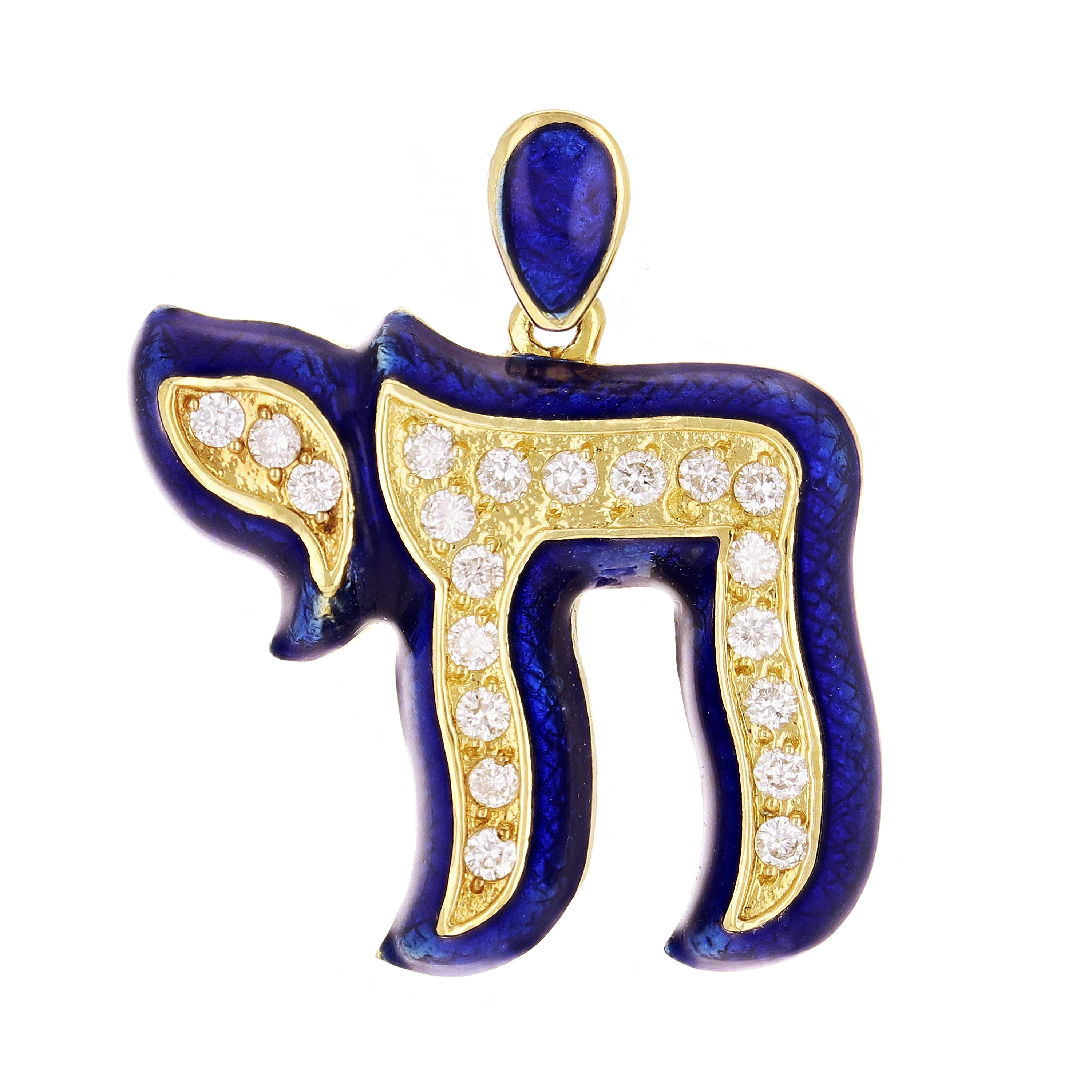 14k Yellow Gold Blue Enamel Hebrew Jewish Chai Symbol Life with Diamonds Pendant - Blue