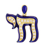 14k Yellow Gold Blue Enamel Hebrew Jewish Chai Symbol Life with Diamonds Pendant - Blue