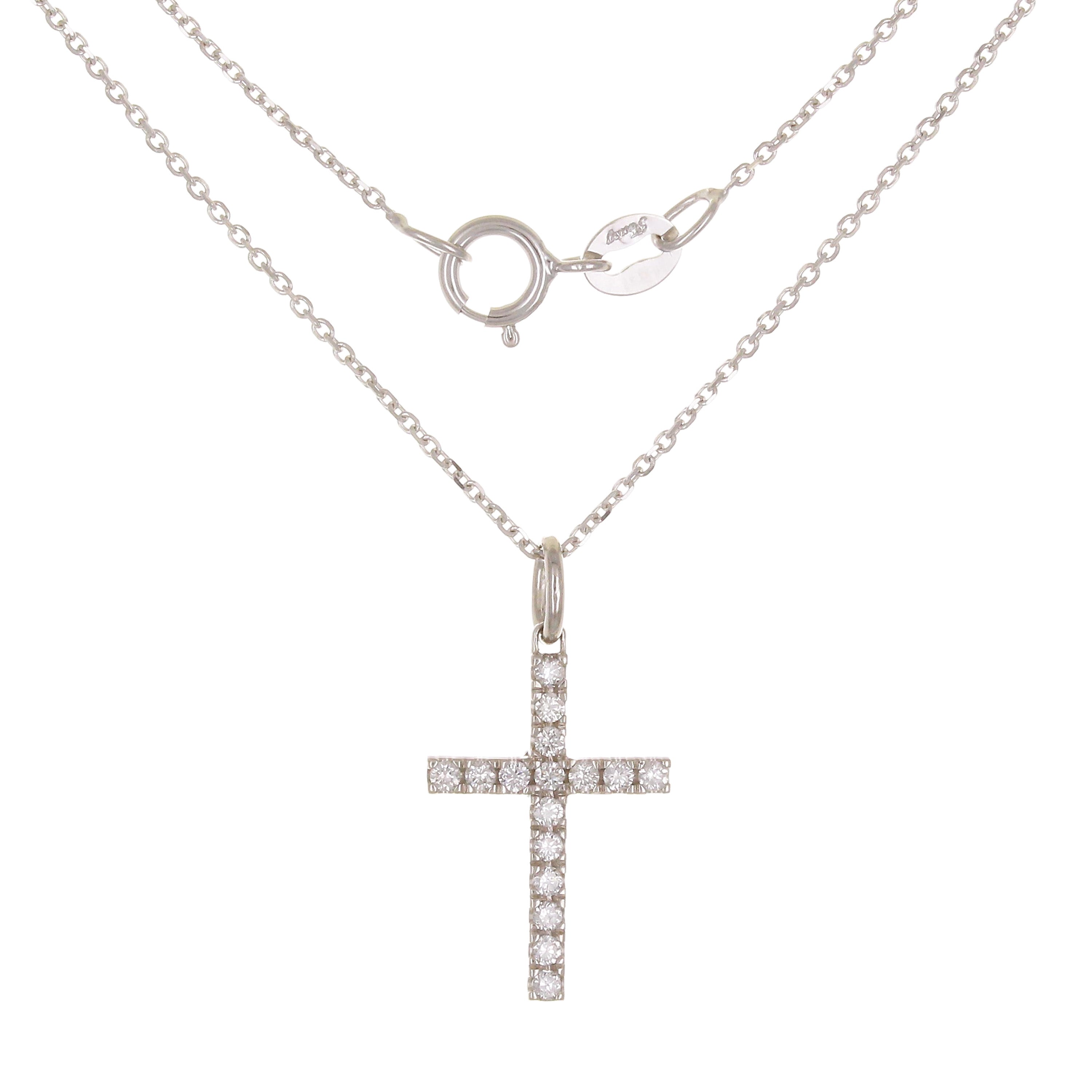 14k White Gold Diamond Cross Charm Pendant Necklace - White
