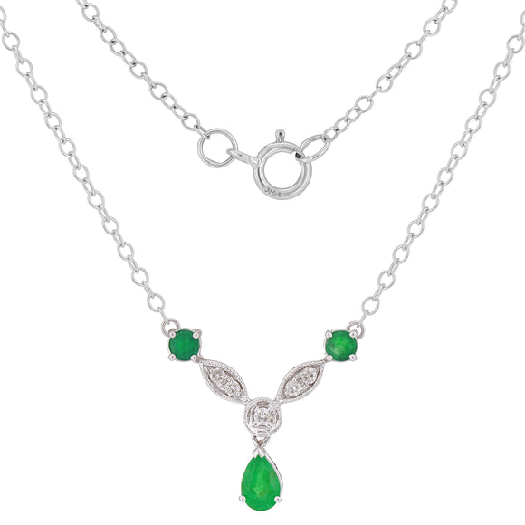 14k White Gold 0.15ctw Emerald & Diamond Leaf Y-Drop Necklace