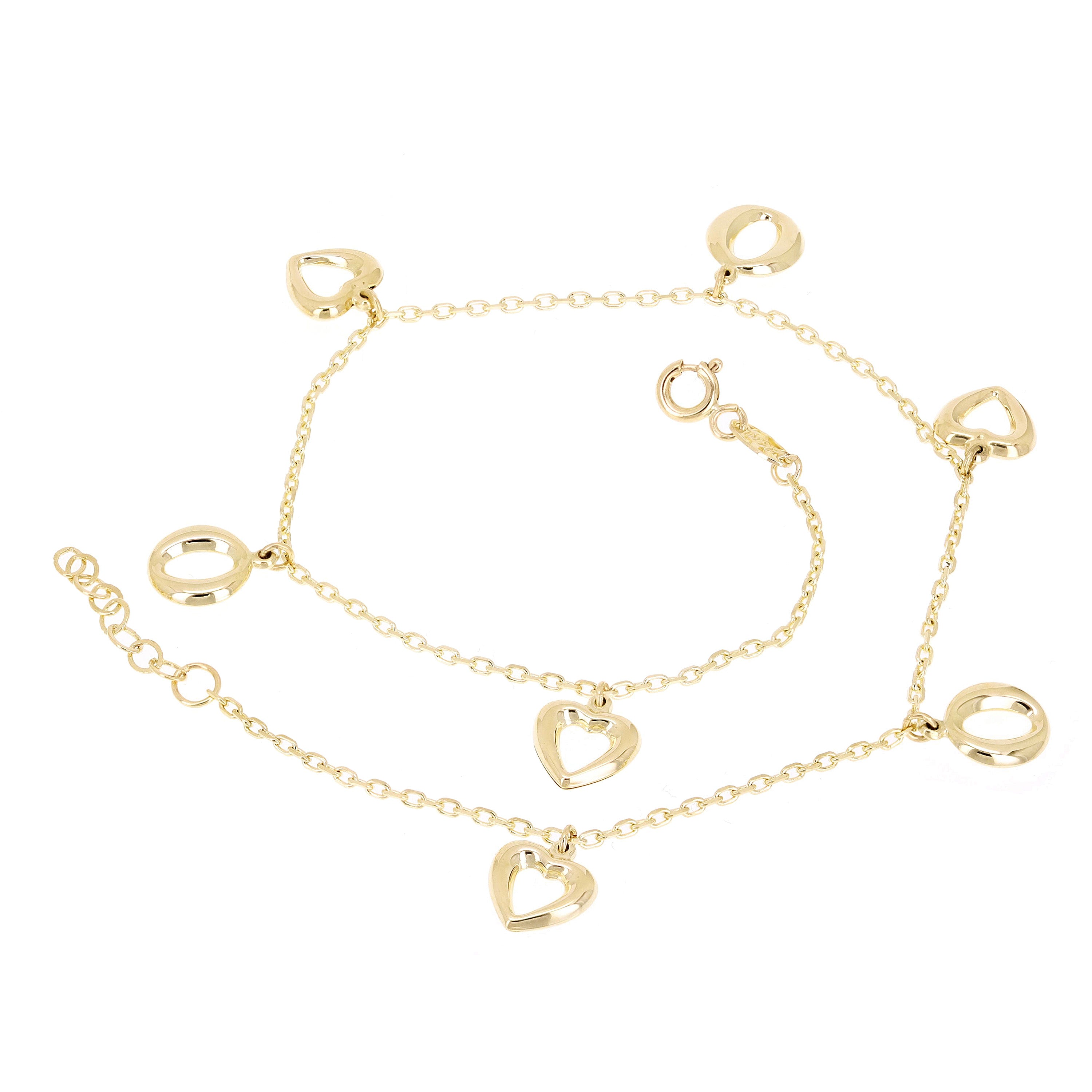 Italian 14k Yellow Gold Heart & Oval Charm Anklet/Bracelet 10" 3 grams