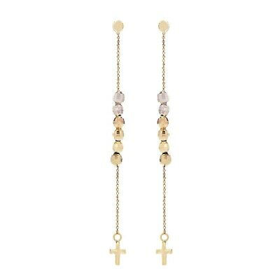 14k Tri Color Gold Diamond Cut Ball Beads Rosary Earrings 3.5" 2.3 grams