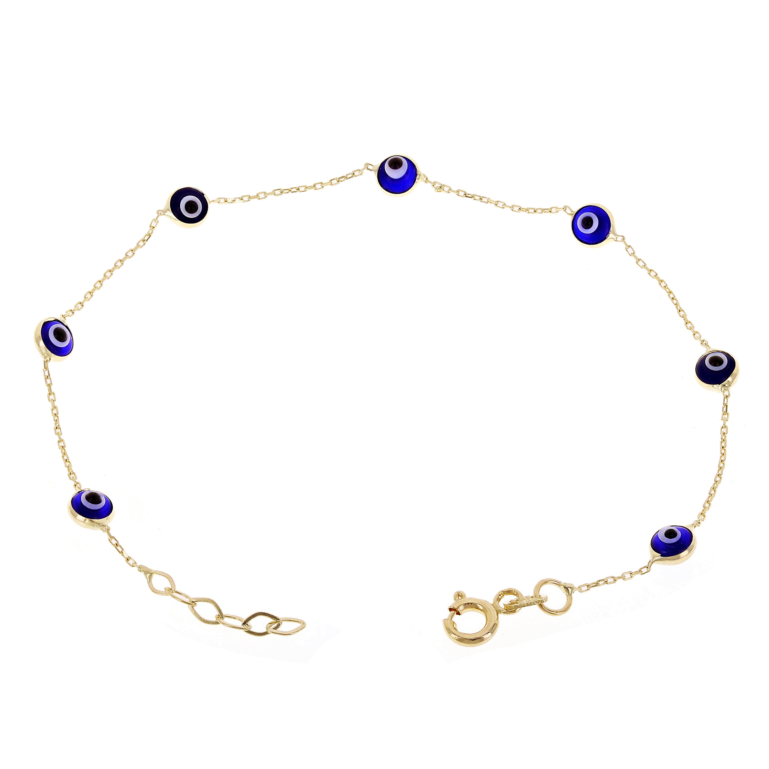 Italian 14k Yellow Gold Enamel Evil Eye Station Bracelet 7.75" 4.4mm 1.2 grams - 7 Eyes