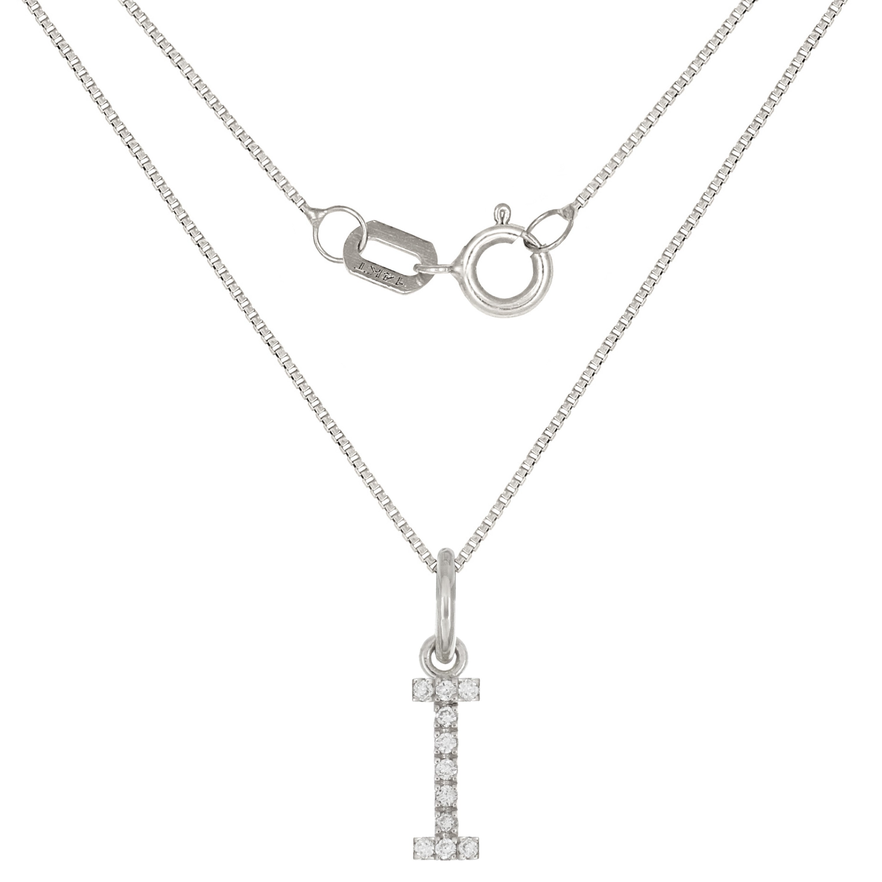 14k White Gold Diamond Initial Letter I Charm Pendant Necklace 18" - Letter I,White