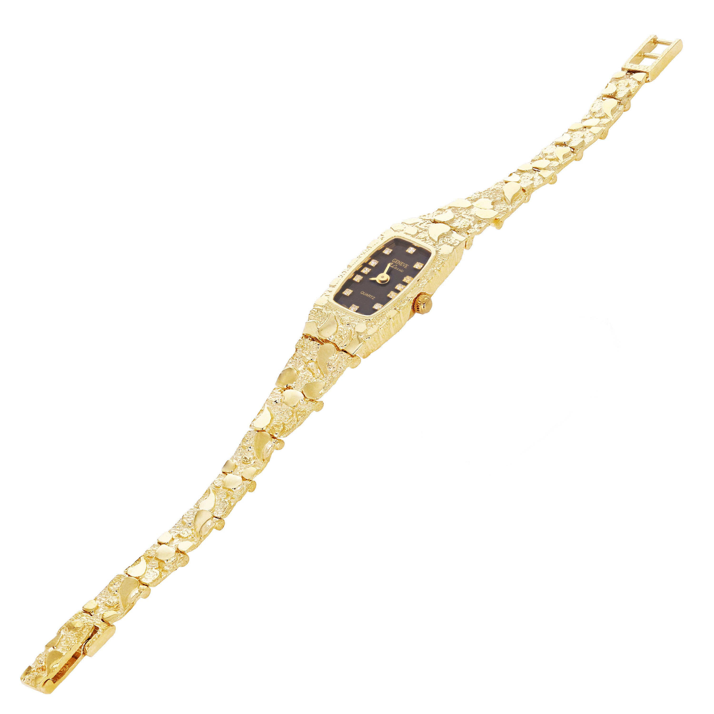 Women's 14k Yellow Gold Nugget Band Bracelet Geneve Watch with Diamonds 6.5-7" - Black Faceplate 22.4 grams