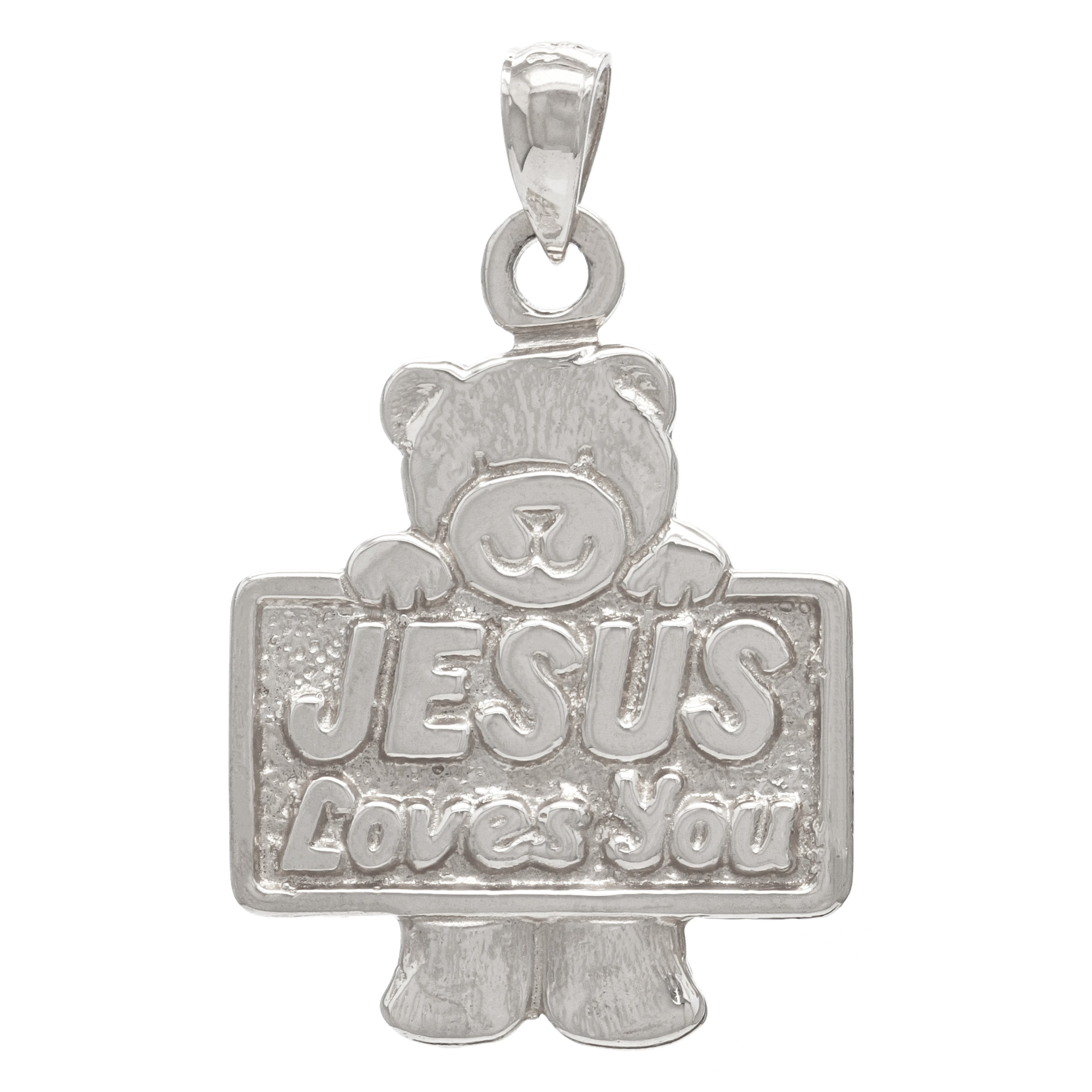 14k White Gold JESUS Loves You Teddy Bear Charm Pendant 1.3" 6.3grams - White