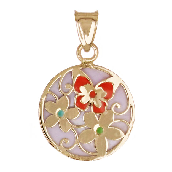 Italian 14k Yellow Gold Flowers & Butterfly Enamel Round Charm Pendant 1.2 grams