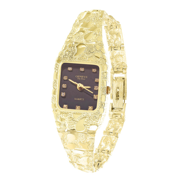 Women's 14k Yellow Gold Nugget Band Wrist Watch Geneve with Diamonds 7.5-8