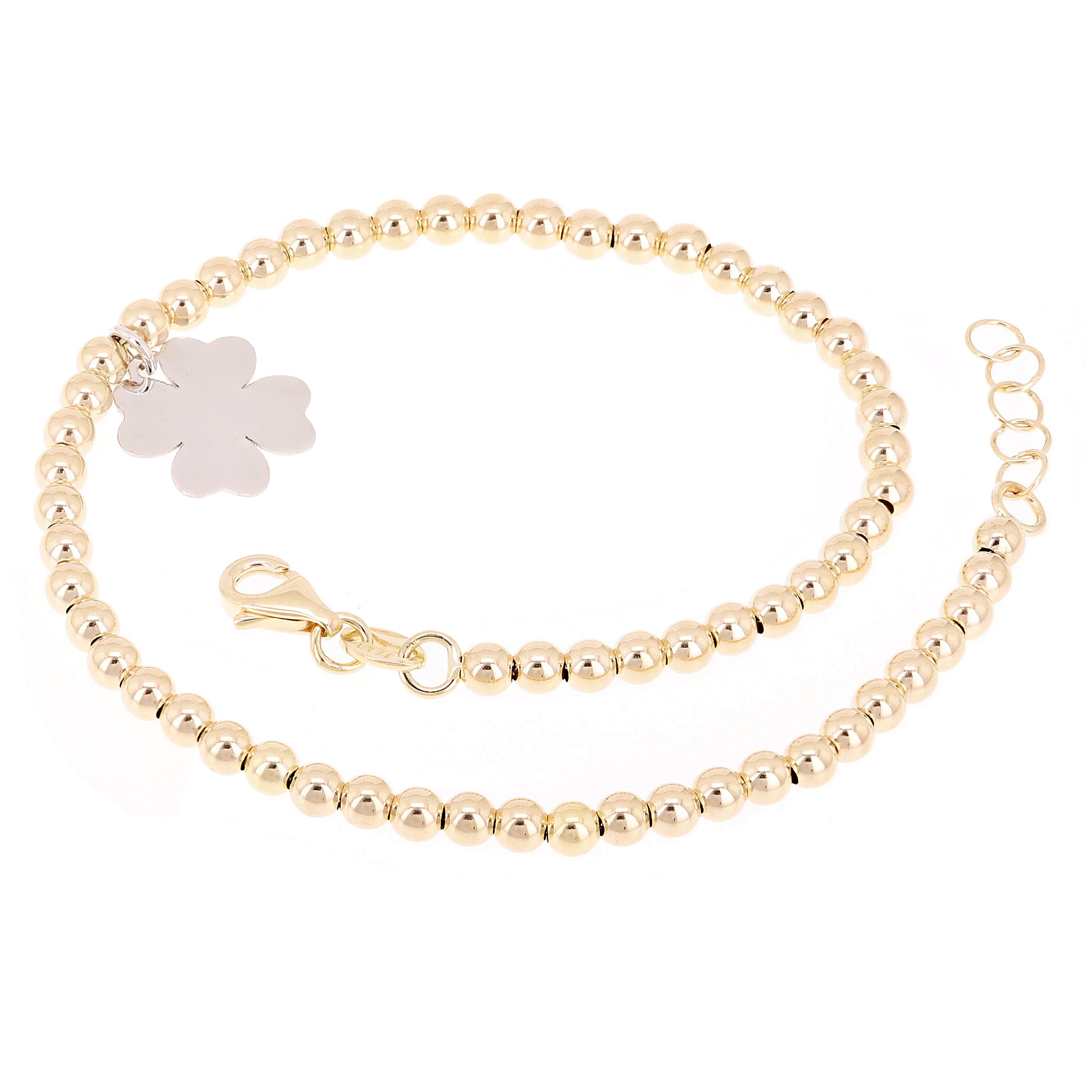 Italian 14k Two Tone Gold Ball Bead Bracelet with Clover Leaf Charm 8" 3mm 3.4g