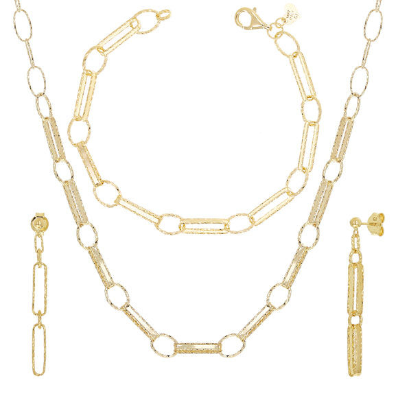 Italian 14k Yellow Gold Paper Link Chain Necklace Bracelet & Earrings Set 15.1 g