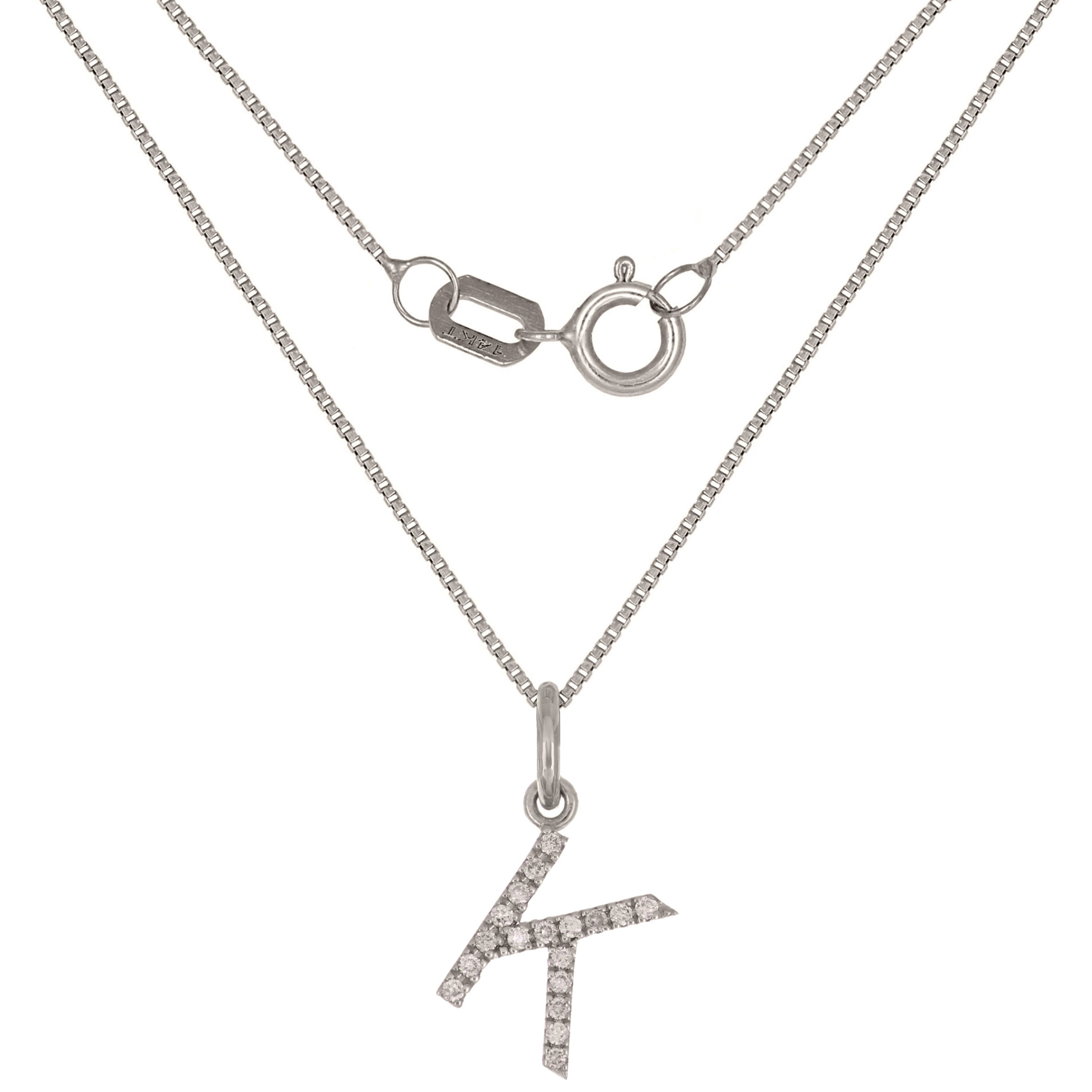 14k White Gold Diamond Initial Letter K Charm Pendant Necklace 18" - Letter K,White