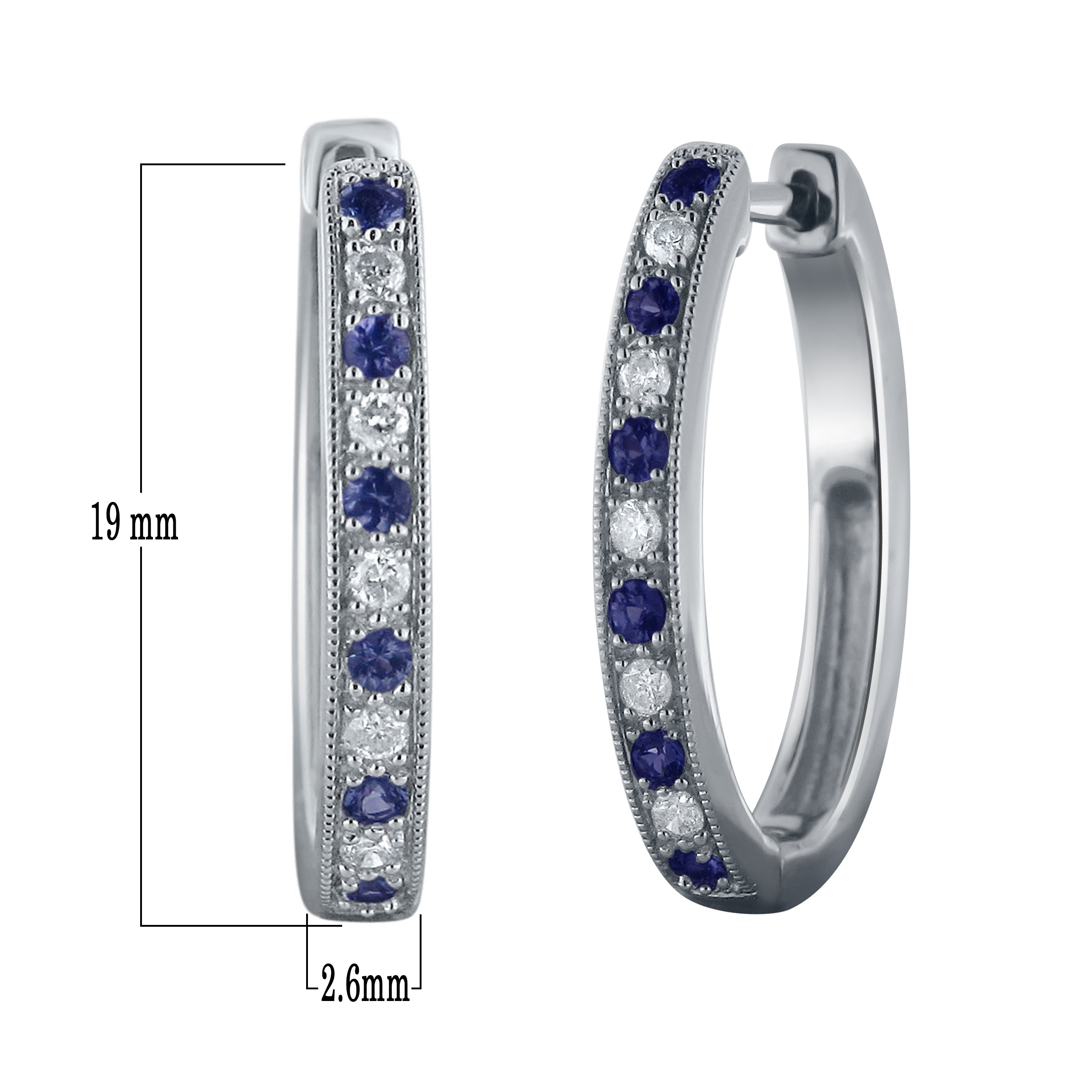 14k White Gold Diamond and Blue Sapphire Hoop Earrings