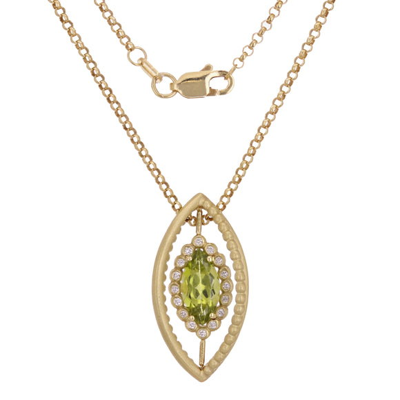 14k Yellow Satin 0.30ctw Peridot & Diamond Orbital Cage Pendant Necklace