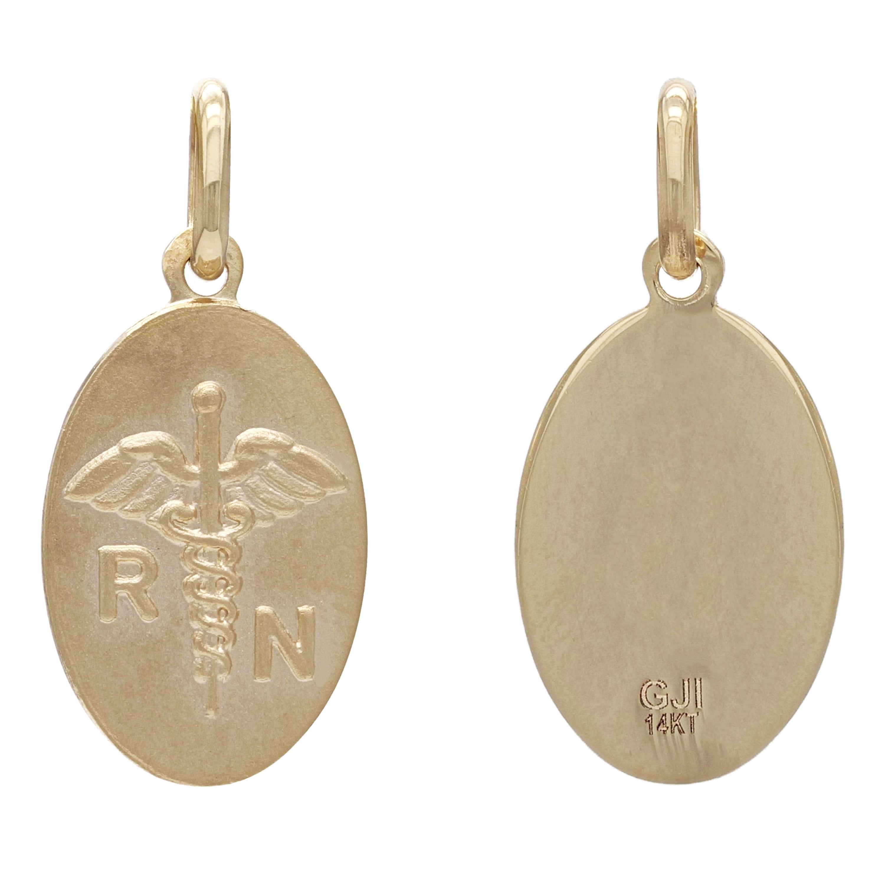 14k Yellow Gold Embossed Registered Nurse Symbol Oval Medal Pendant 1.6 grams