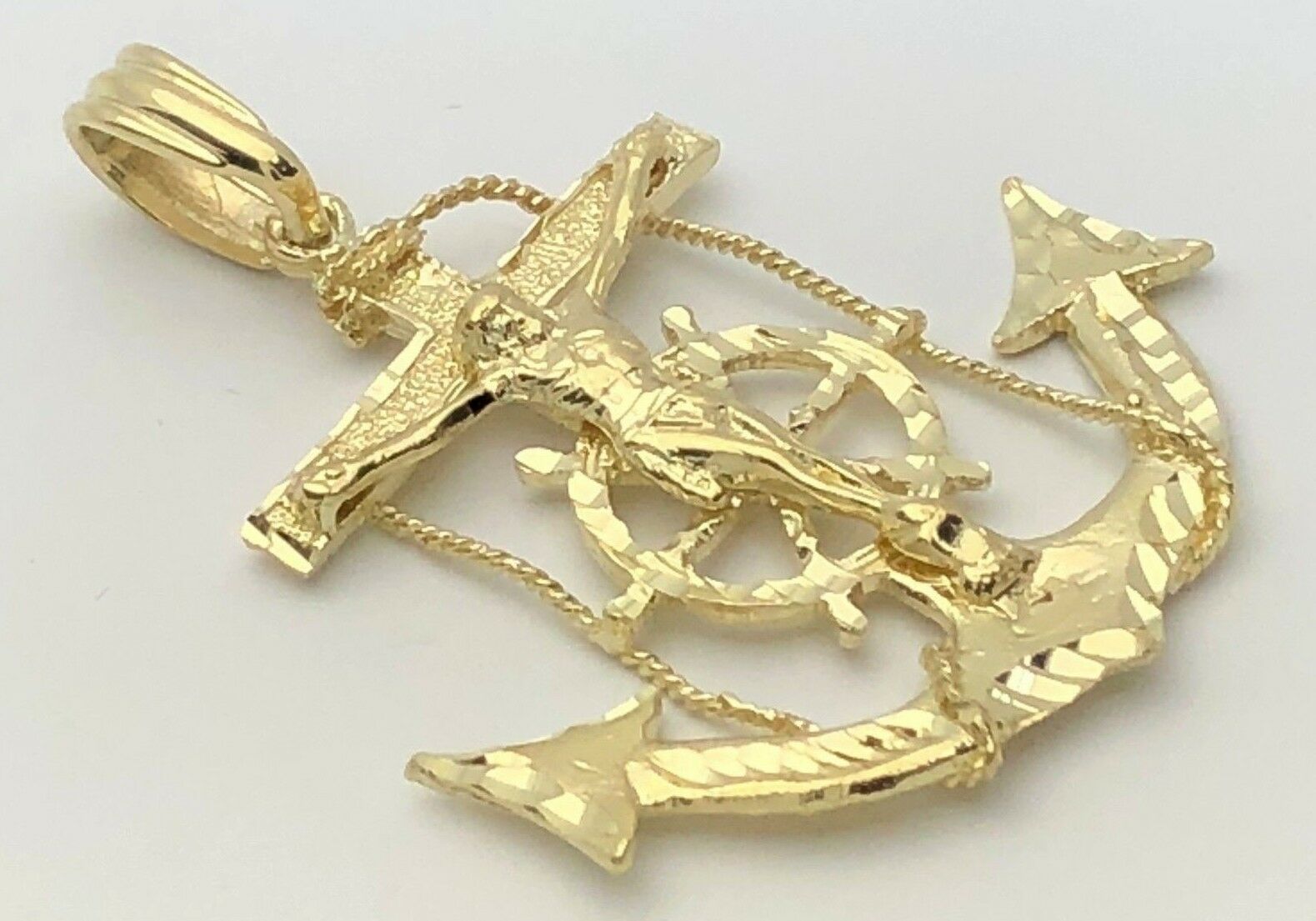 10k Yellow Gold Big Cross Jesus Crucifix Anchor Mariner Pendant 2.65" 18.6 grams