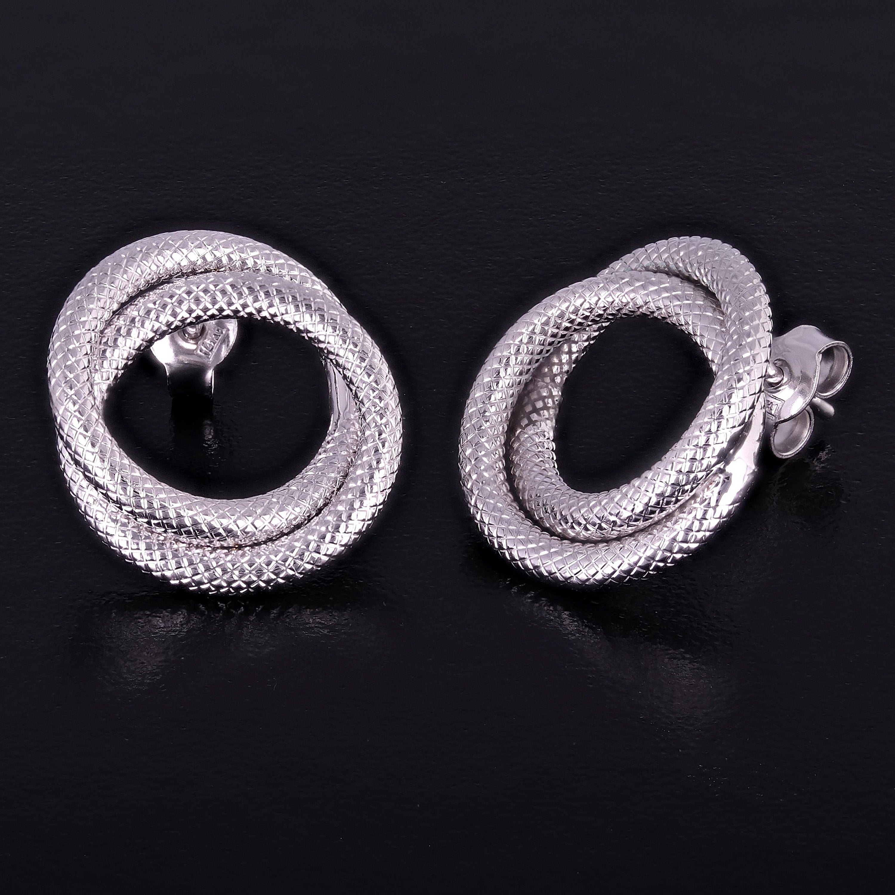 Italian 14k White Gold Braided Rope Tube Eternity Circle Love Knot Stud Earrings - White Double Circle