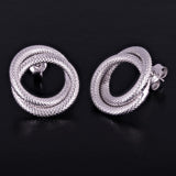 Italian 14k White Gold Braided Rope Tube Eternity Circle Love Knot Stud Earrings - White Double Circle