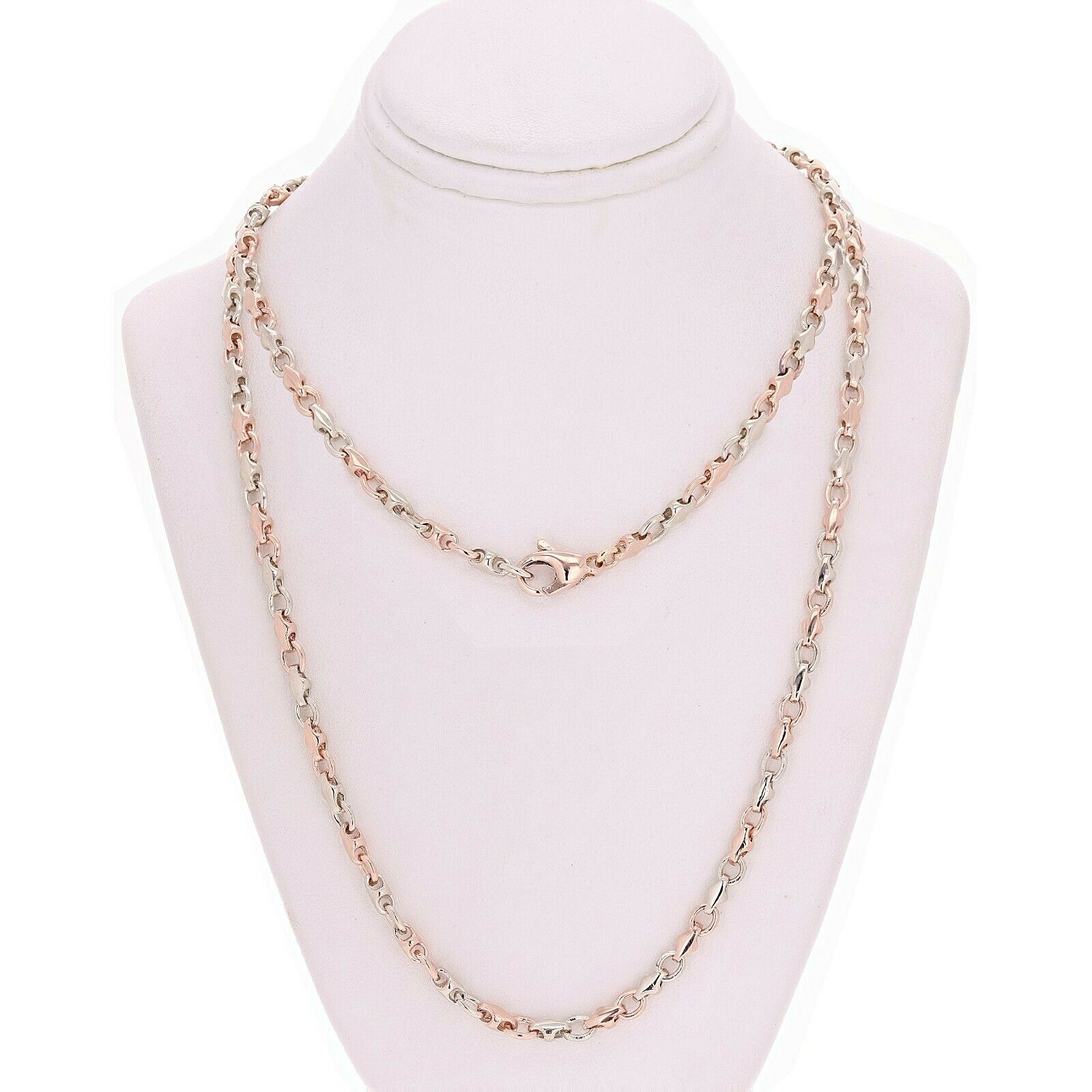 10k White & Rose Gold Solid Handmade Fashion Link Necklace 28" 4mm 32.9 grams - White and Rose,28" 32.9 grams