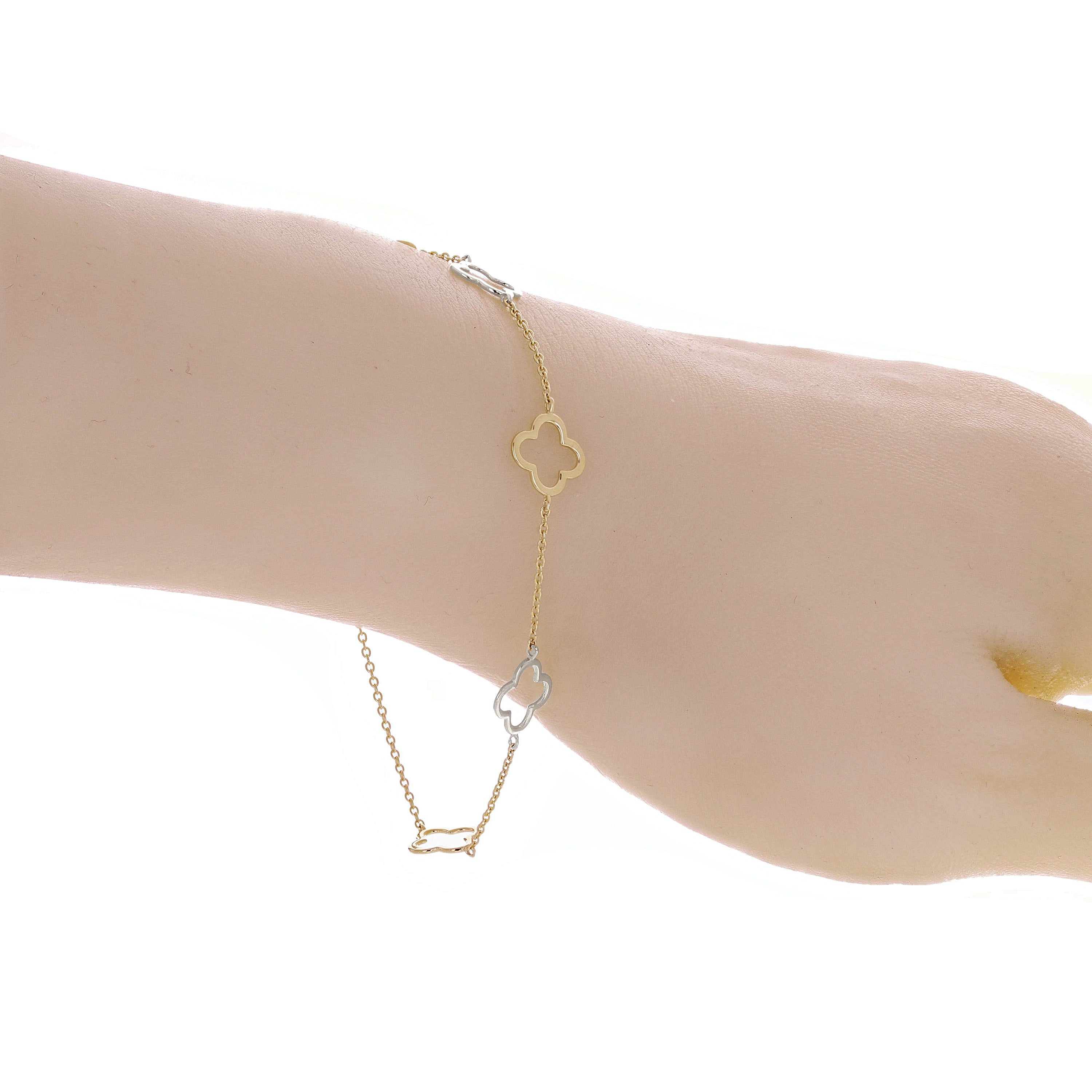 Italian 14k Yellow & White Gold Flower Charm Station Bracelet 7" 1.6 grams