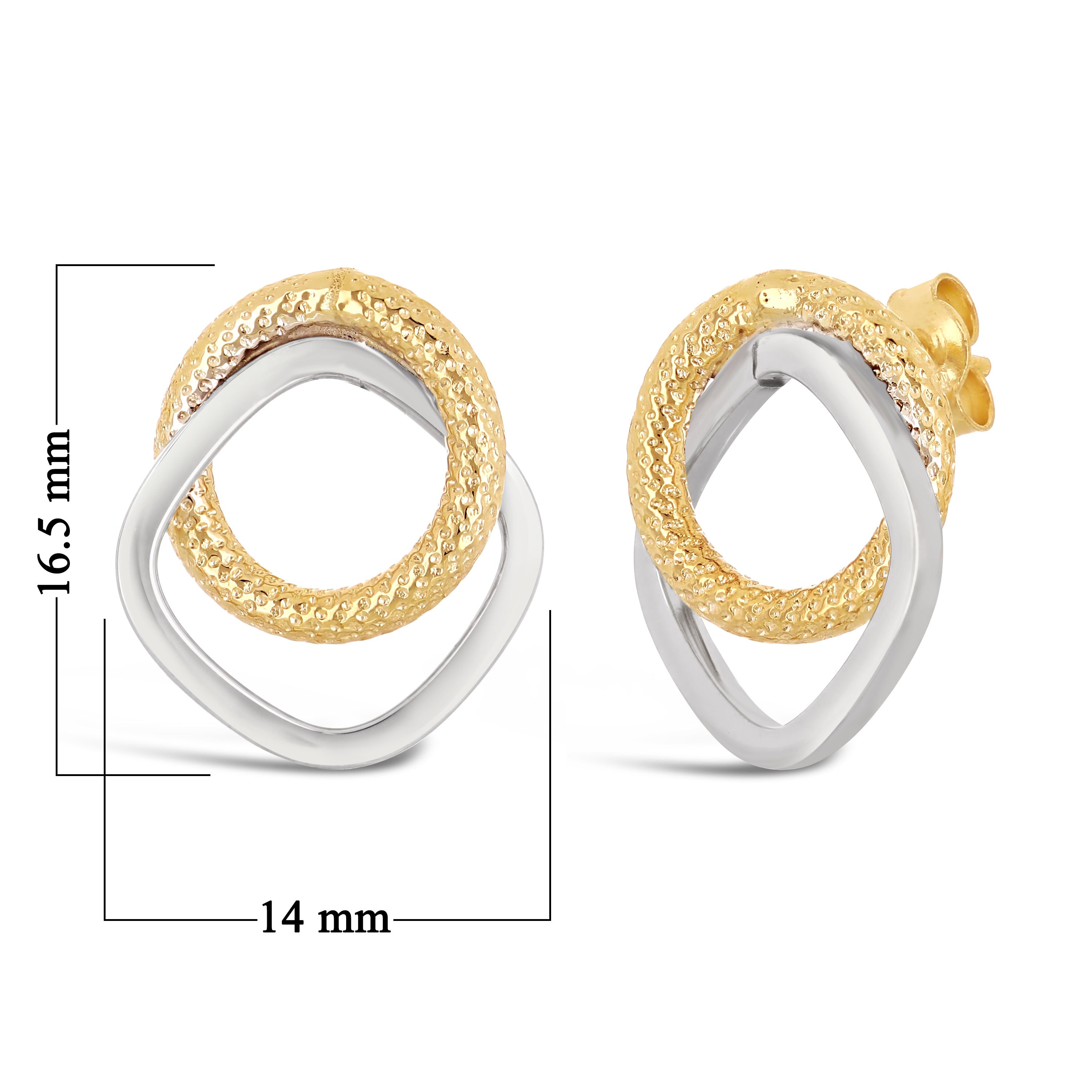 Italian 14k Yellow & White Gold Eternity & Square Tube Double Hoop Stud Earrings - Textured Circular