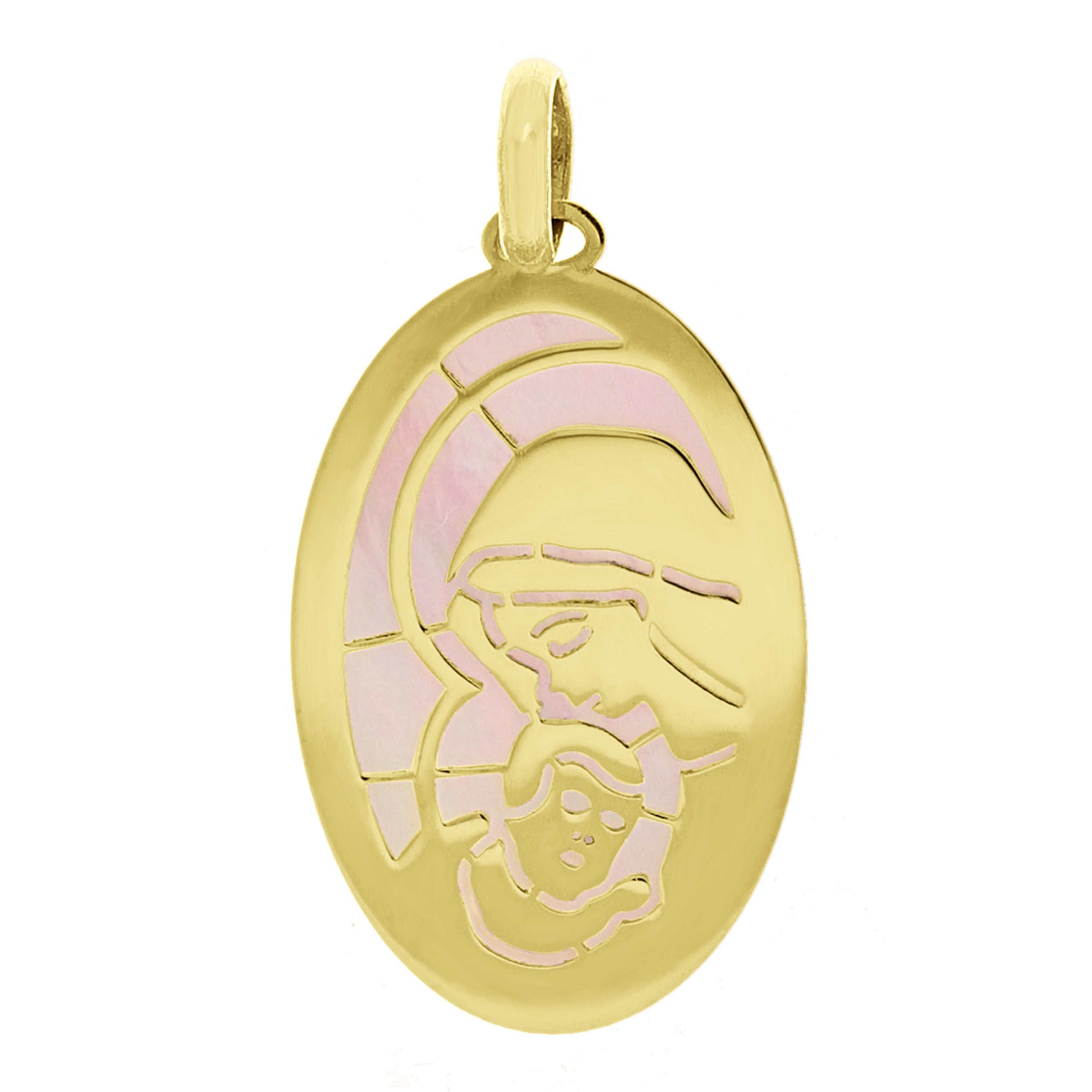 Italian 14k Yellow Gold Mother of Pearl Mother Mary & Baby Jesus Charm Pendant