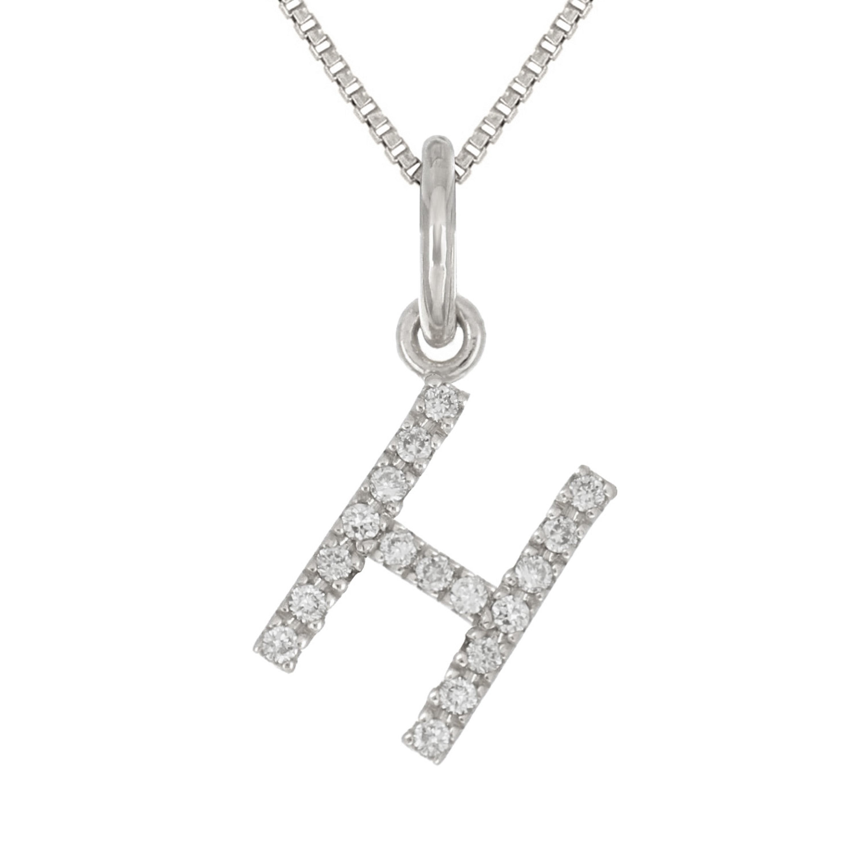 14k White Gold Diamond Initial Letter H Charm Pendant Necklace 18" - Letter H,White
